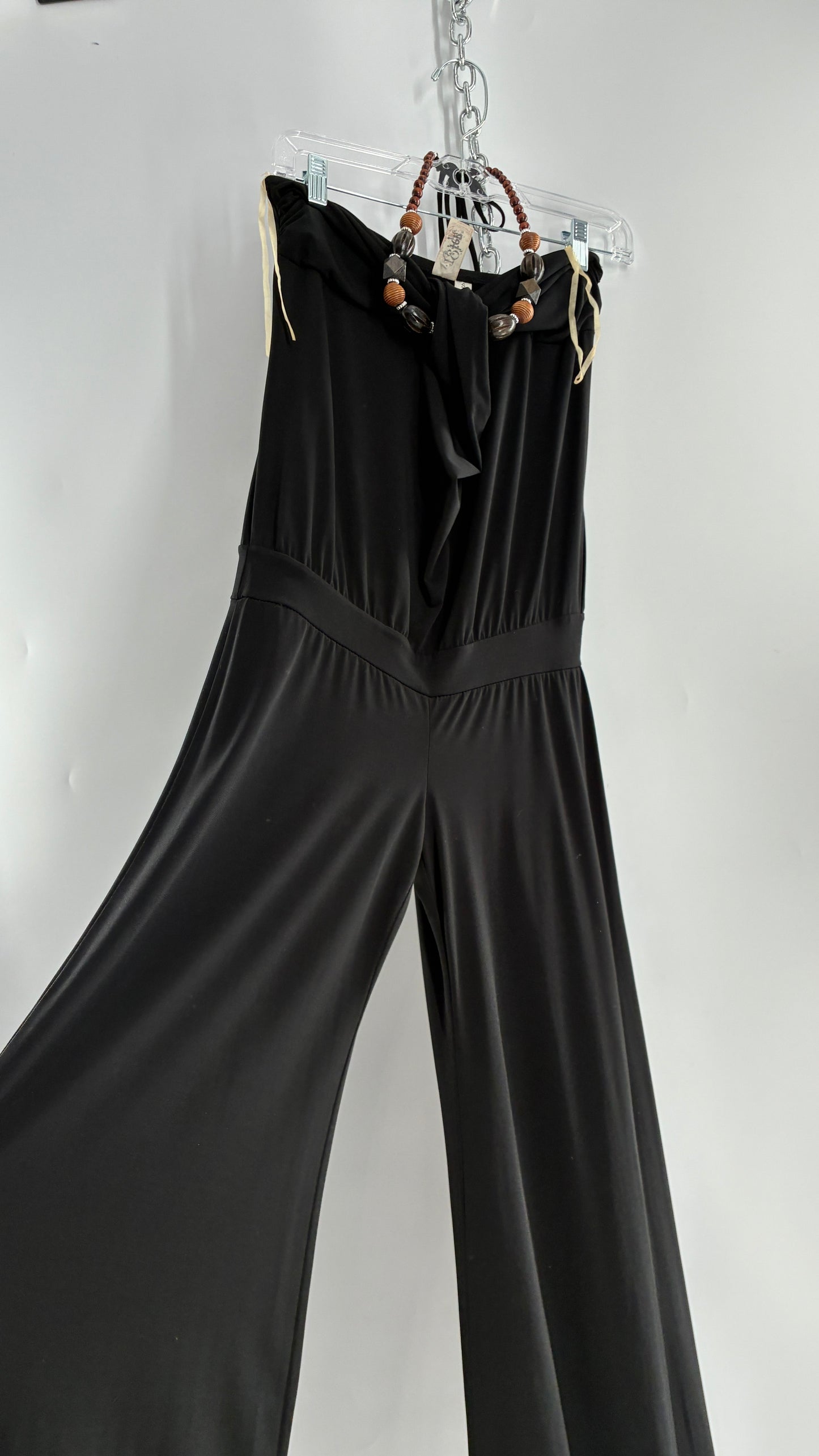 Vintage L8ter 1990s Black Drop Waist Wide Leg Jumpsuit with Beaded Choker Halter (Small)