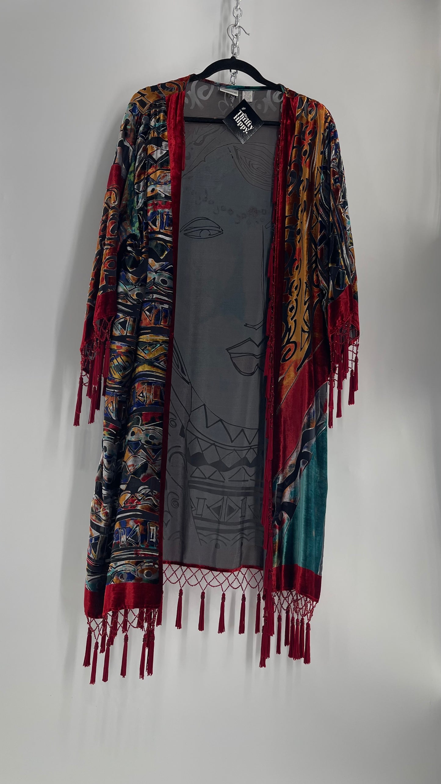 Vintage Burnout Buddhist Motif Velvet/Velour Beaded Fringe Duster Coat/Kimono with Tassel Sleeves and Hems (M/L)