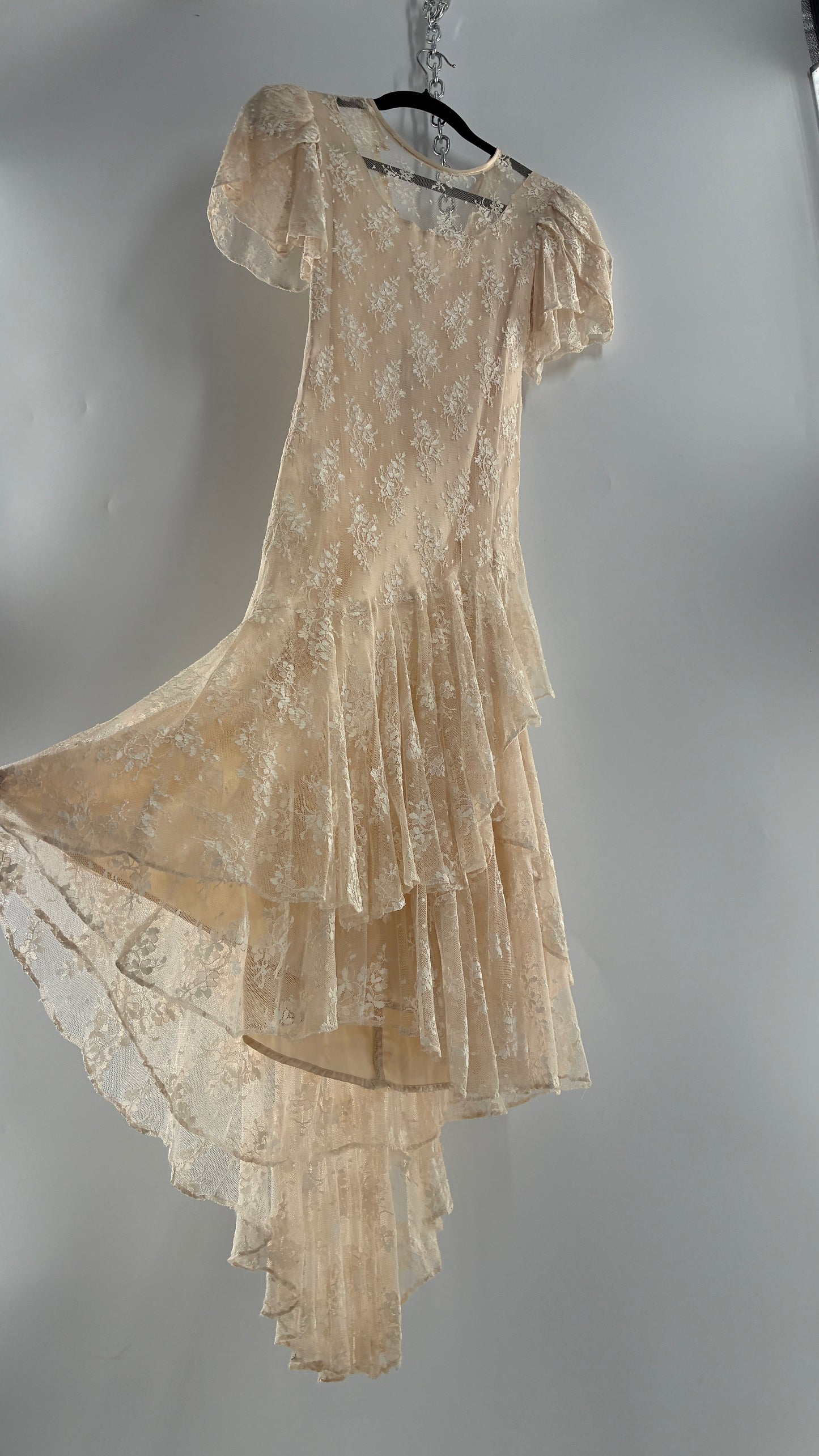 Vintage Ivory Lace Gown with Petal Sleeves, Tiered Hemline (5/6)