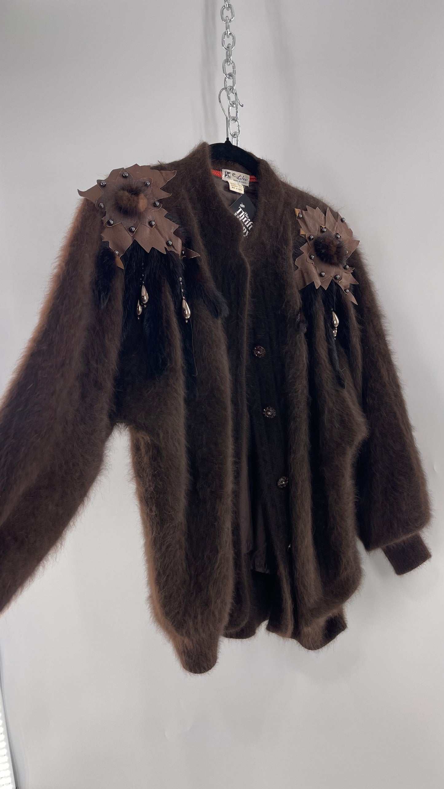 Liho Korean Vintage Brown Cardigan with Leather, Fur and Beaded Detailing 15% Wool 75% Angora  (C)(Medium)