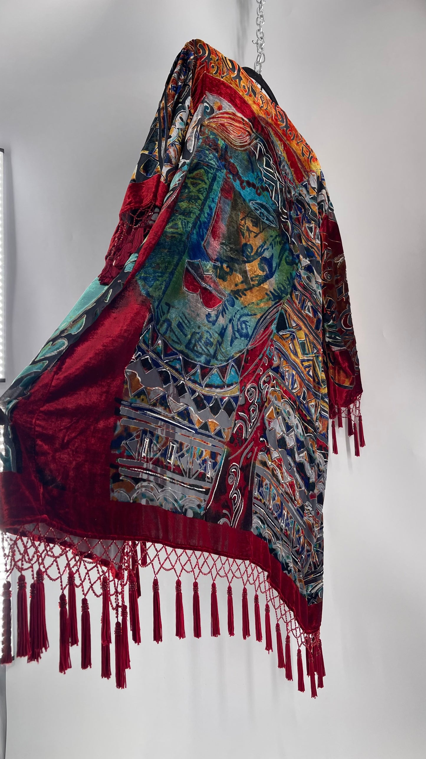 Vintage Burnout Buddhist Motif Velvet/Velour Beaded Fringe Duster Coat/Kimono with Tassel Sleeves and Hems (M/L)