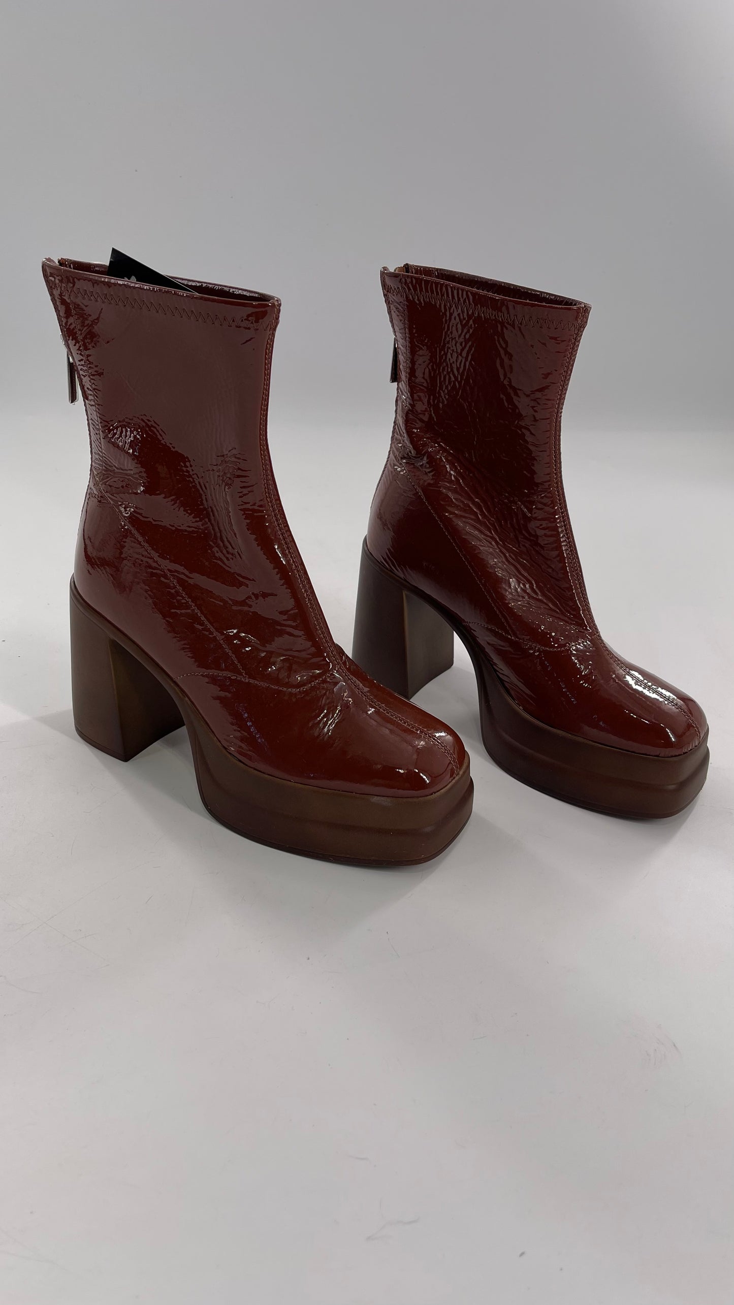 Free People Double StackedGlossy Patent Chestnut Brown Platform Boots with Chunky Heels (37.5)