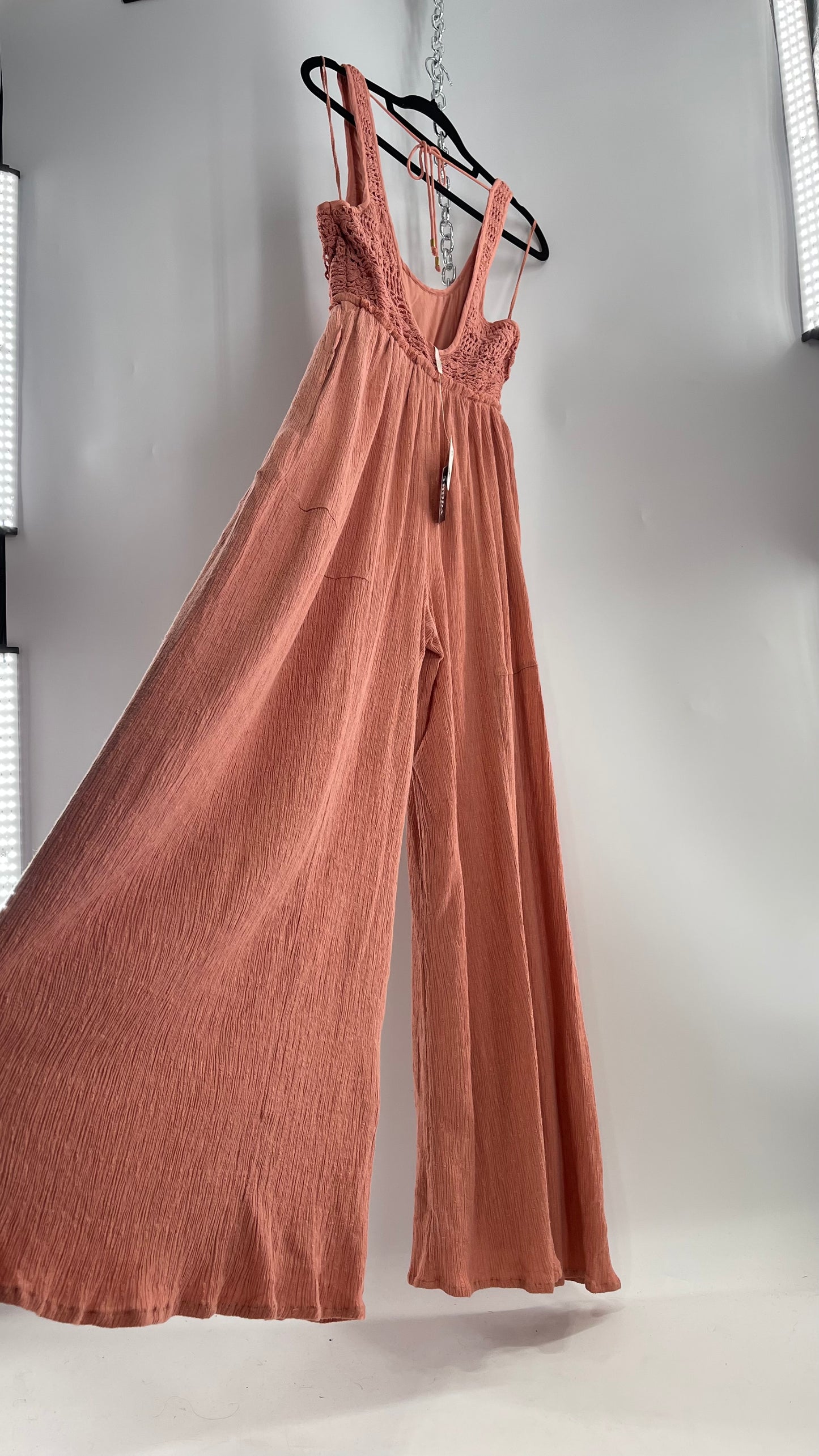 Free People Rose/Peach Pink Wide Leg Jumpsuit with Crochet Bust and Tags Attached (XS)