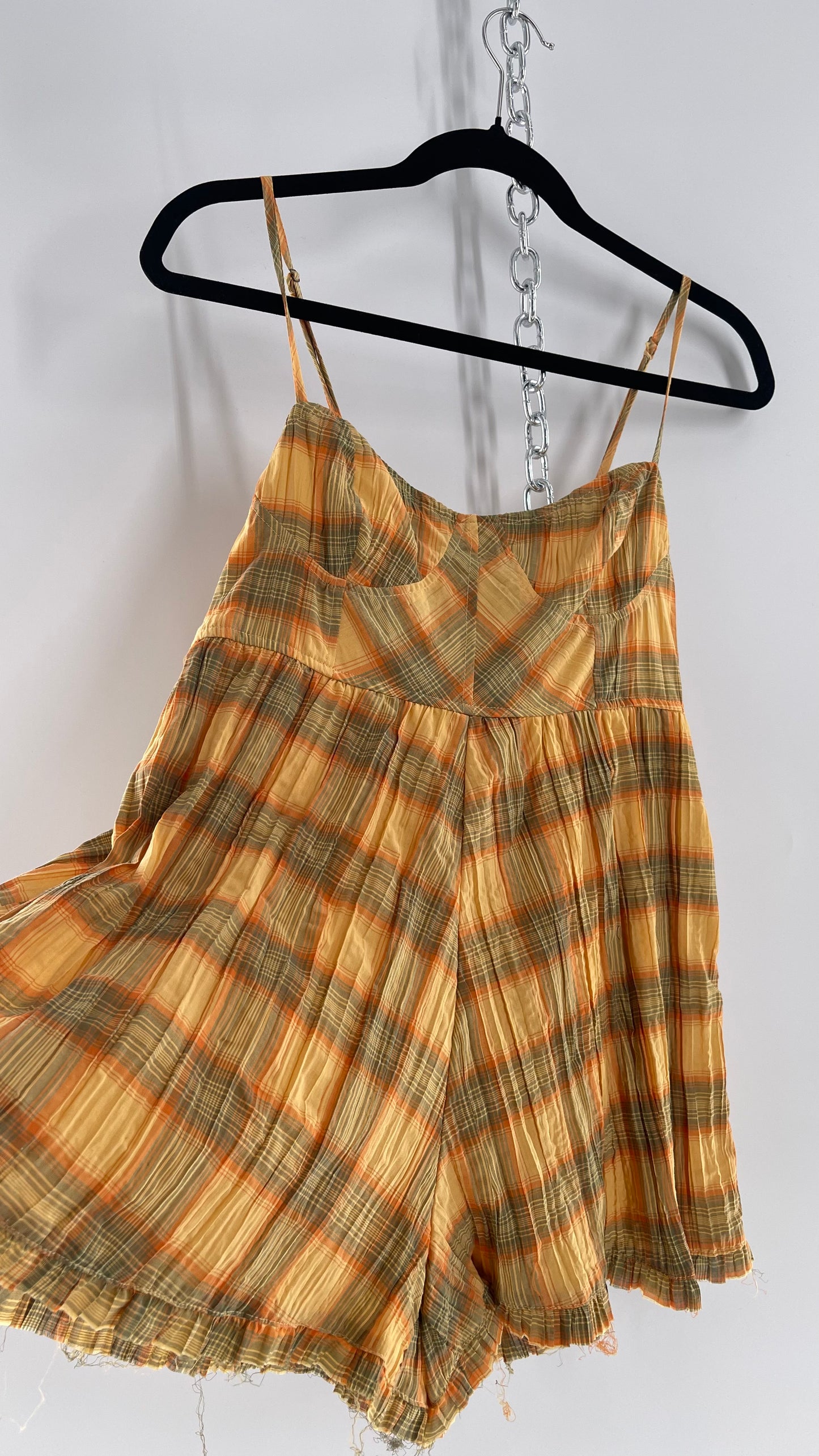 Urban Outfitters Yellow Plaid Playsuit Romper with Faux Bustier Stitching (Small)