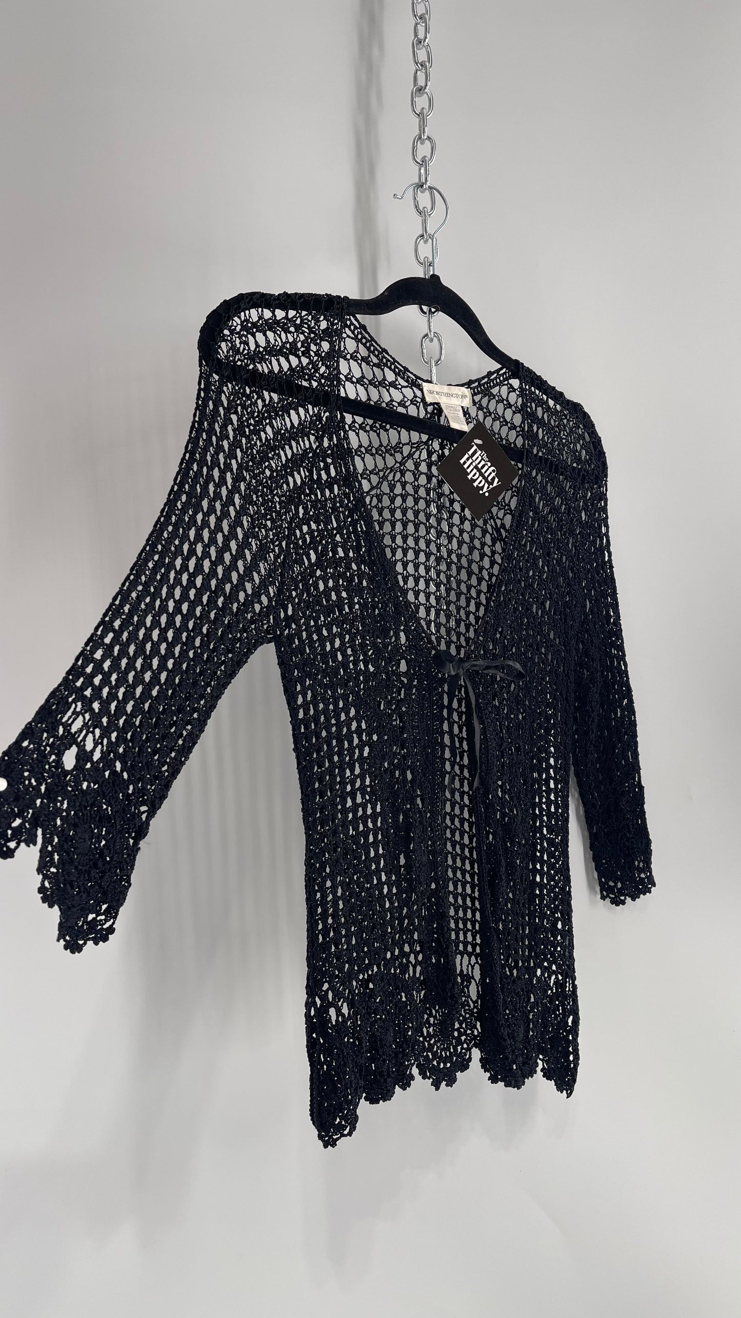 Vintage Black Crochet Slinky Top with Ribbon Bust Tie (XS)