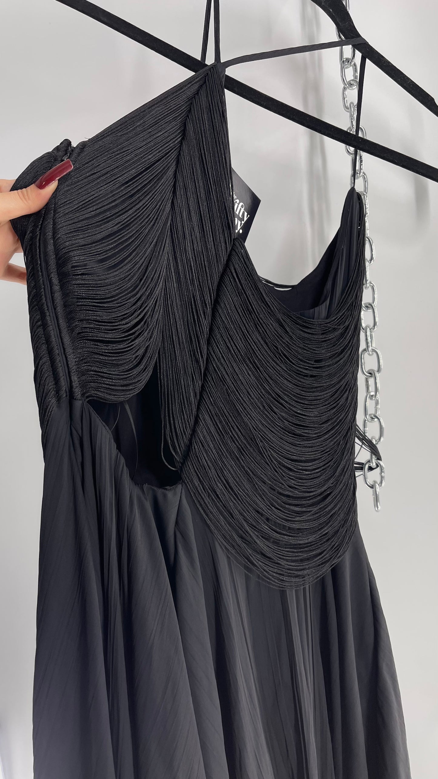 Anthropologie Black Handkerchief Hem Midi Dress with Heavy Draped Rope Bodice (4)