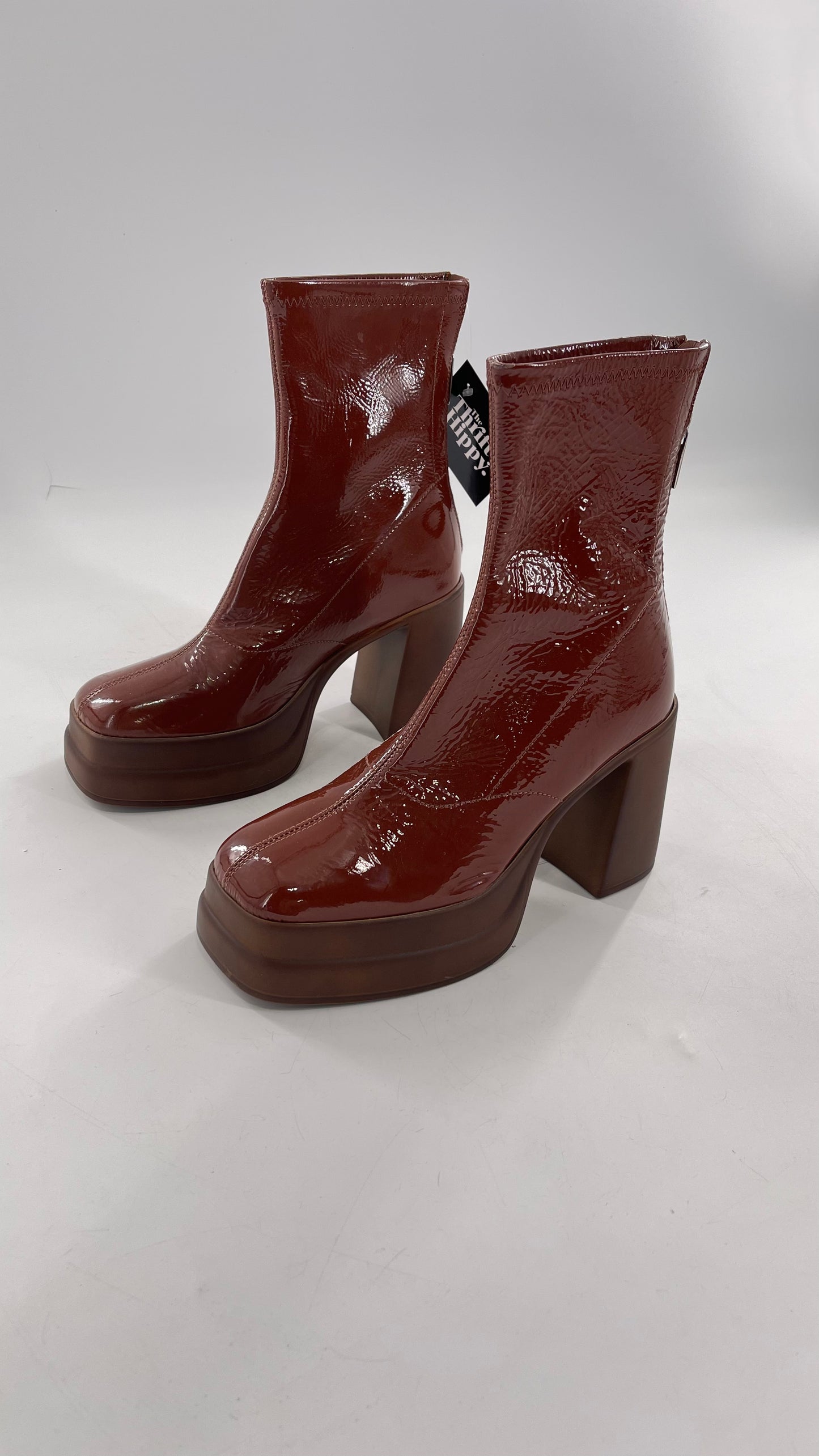 Free People Double StackedGlossy Patent Chestnut Brown Platform Boots with Chunky Heels (37.5)