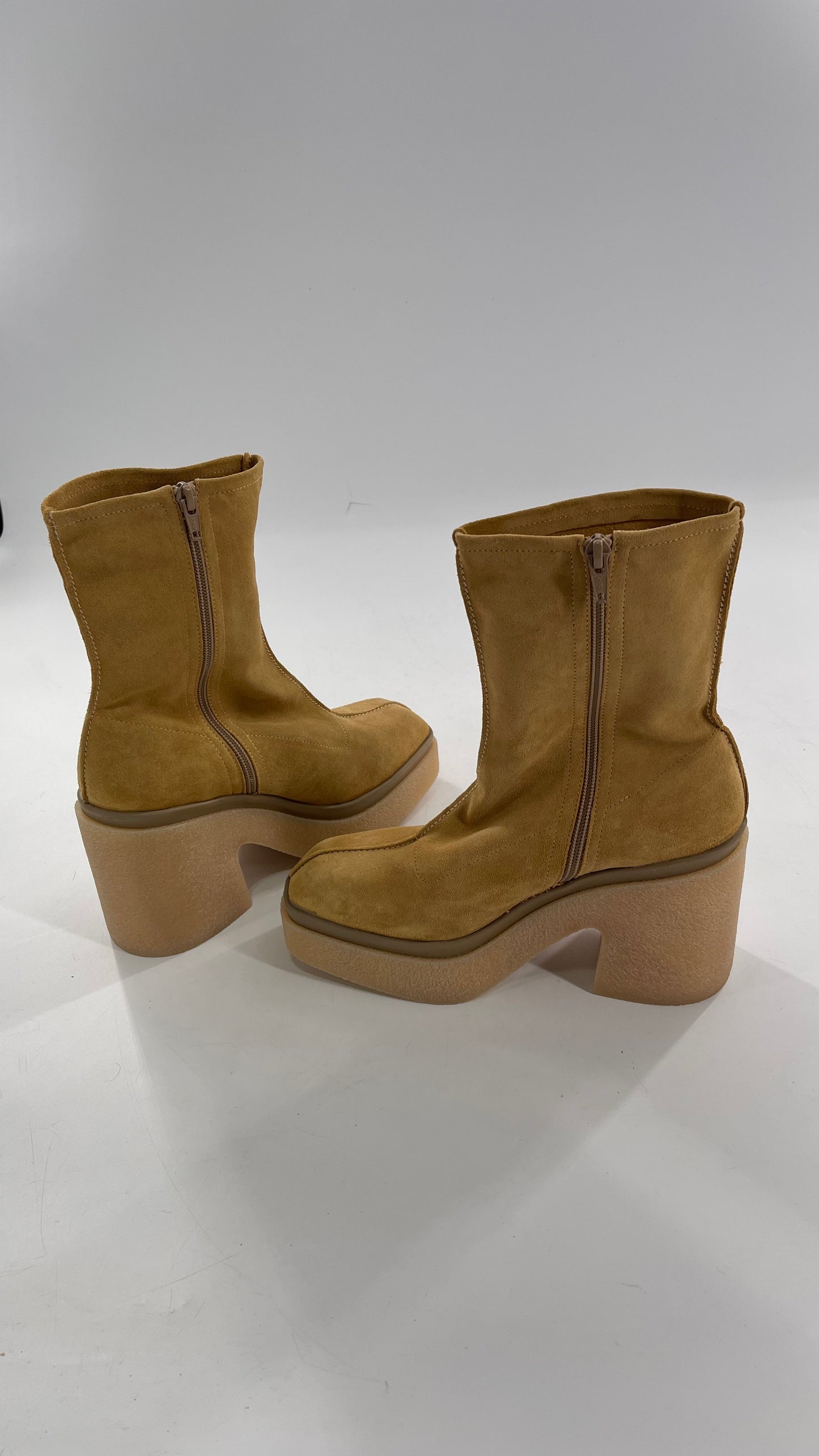 Free People Gigi Tan Suede Ankle Boots with Platform and Chunky Rubber Heel (38.5)