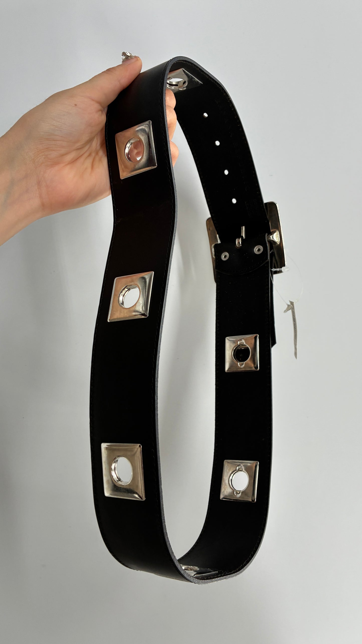 BANANA REPUBLIC Black Thick Leather Belt with Heavy Metal Details, Exaggerated Buckle, and Tags Attached (Small)