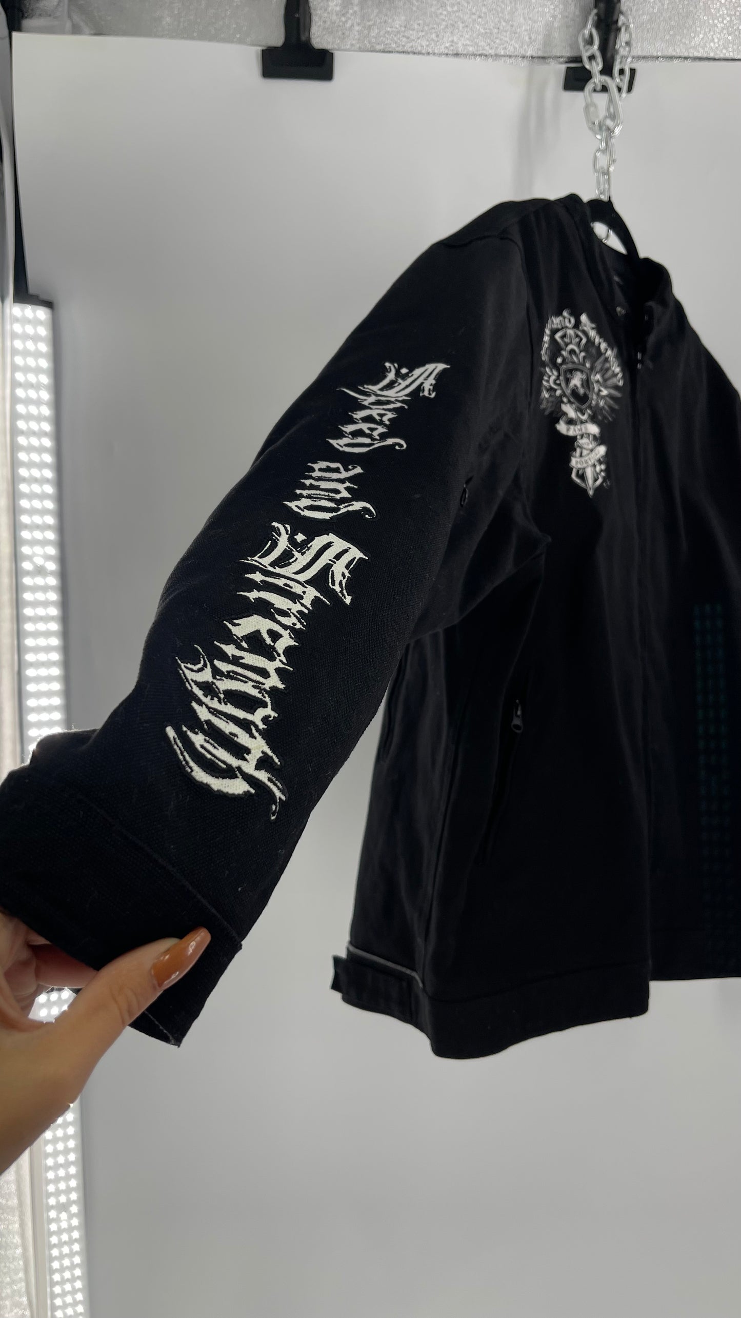 Vintage Speed + Strength Grunge Punk Riding Motorcycle Jacket with Cross Embroidery, Wings, Fame + Fortune, Speed + Strength Men’s Unisex (XXL)