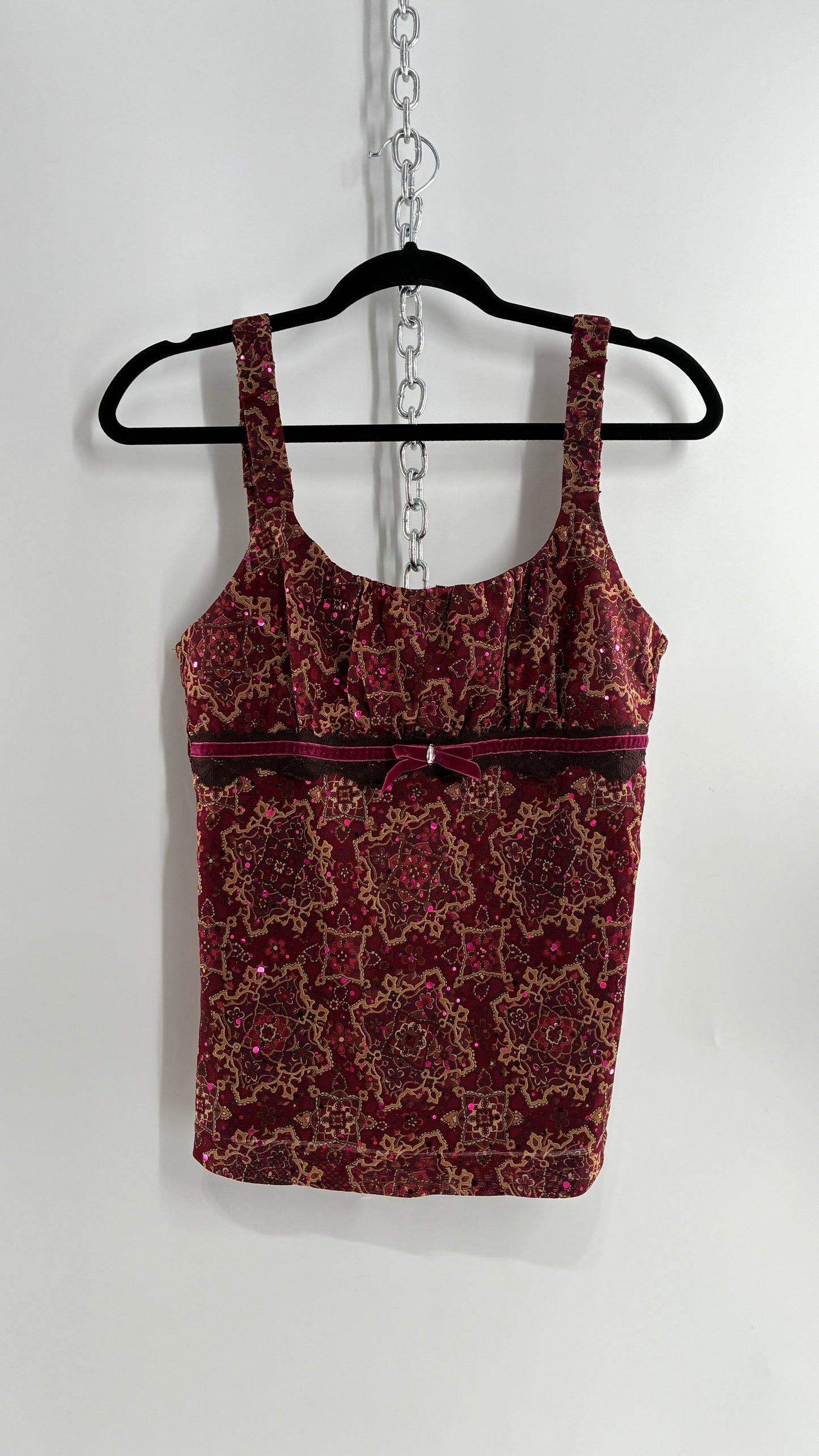 Vintage SELF ESTEEM Maroon Camisole with Sequins, Ruched Bust, and Velvet Ribbon Detail (Large)