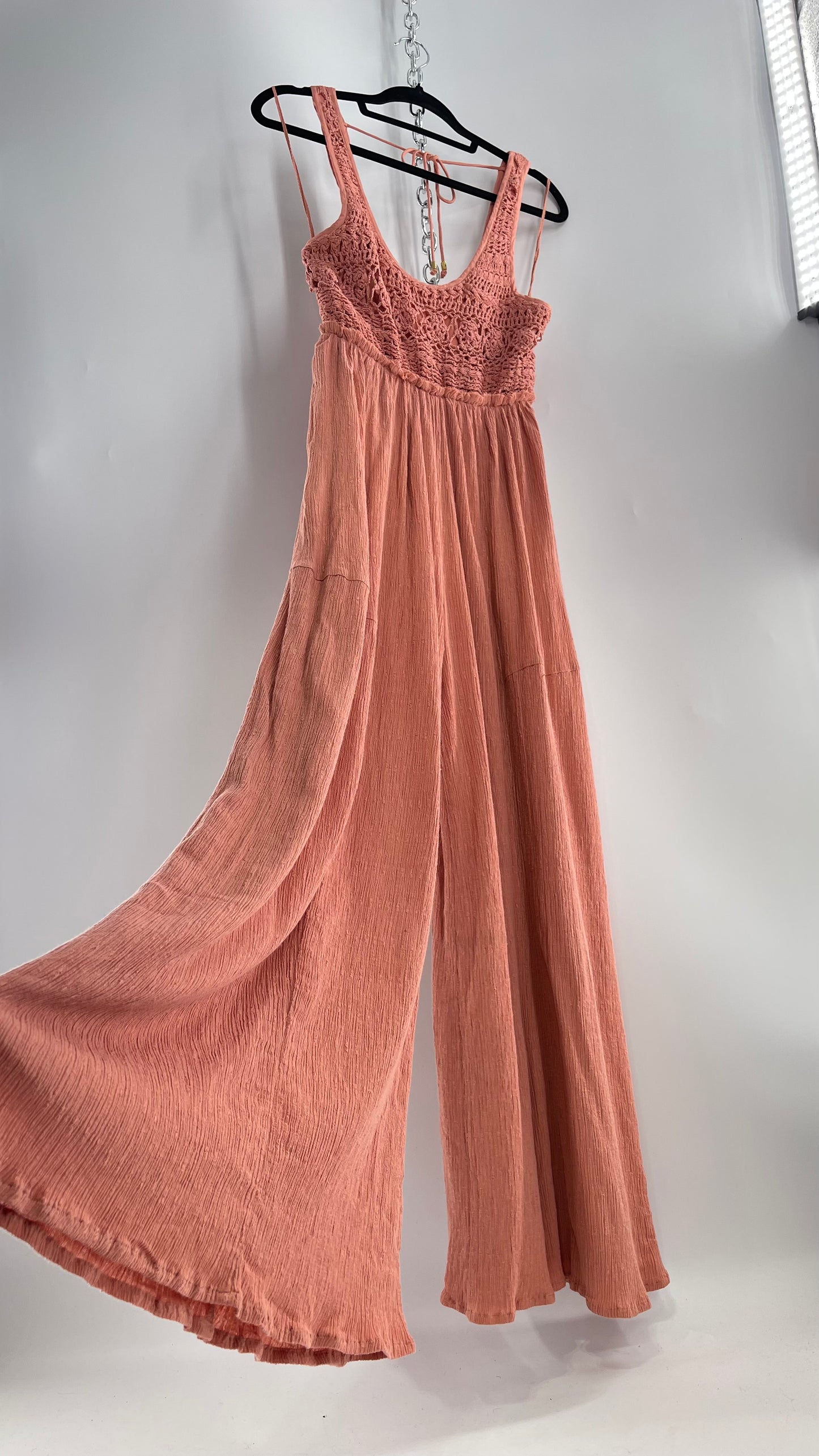 Free People Rose/Peach Pink Wide Leg Jumpsuit with Crochet Bust and Tags Attached (XS)