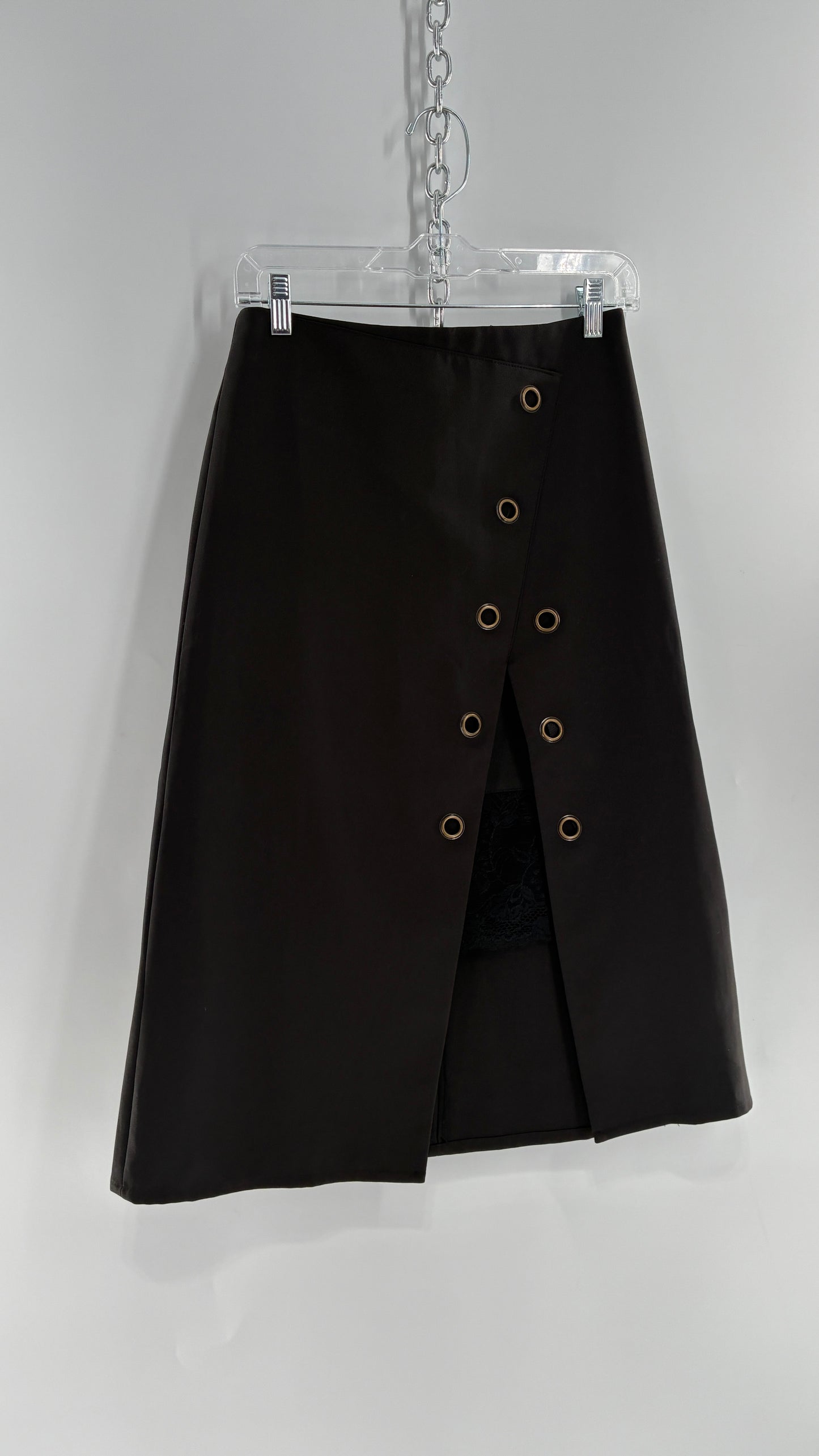 Vintage BYSI Black Skirt with Asymmetric Slit, Bronze Grommets and Lace Thigh Detail (EU36,UK8)