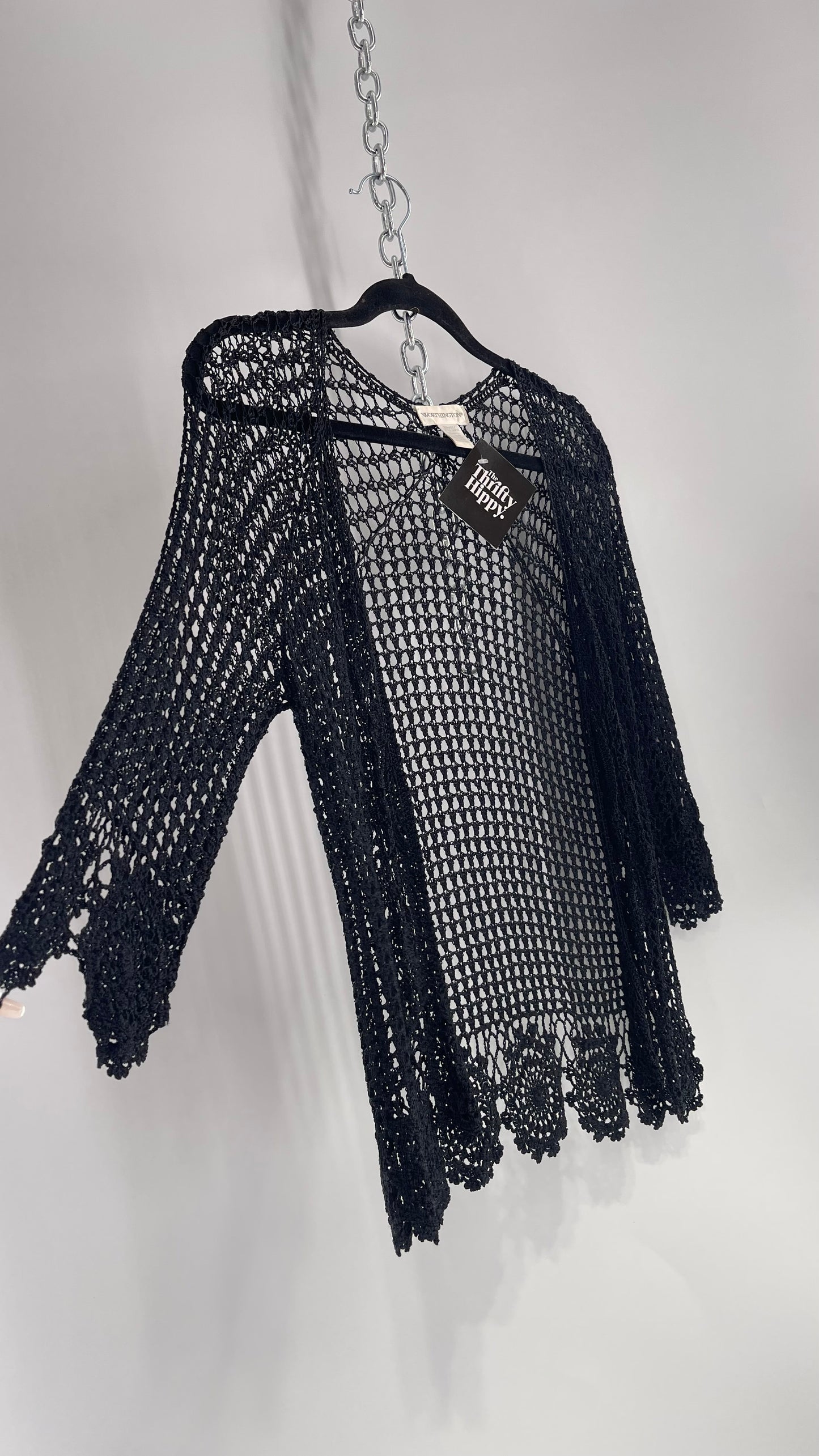 Vintage Black Crochet Slinky Top with Ribbon Bust Tie (XS)