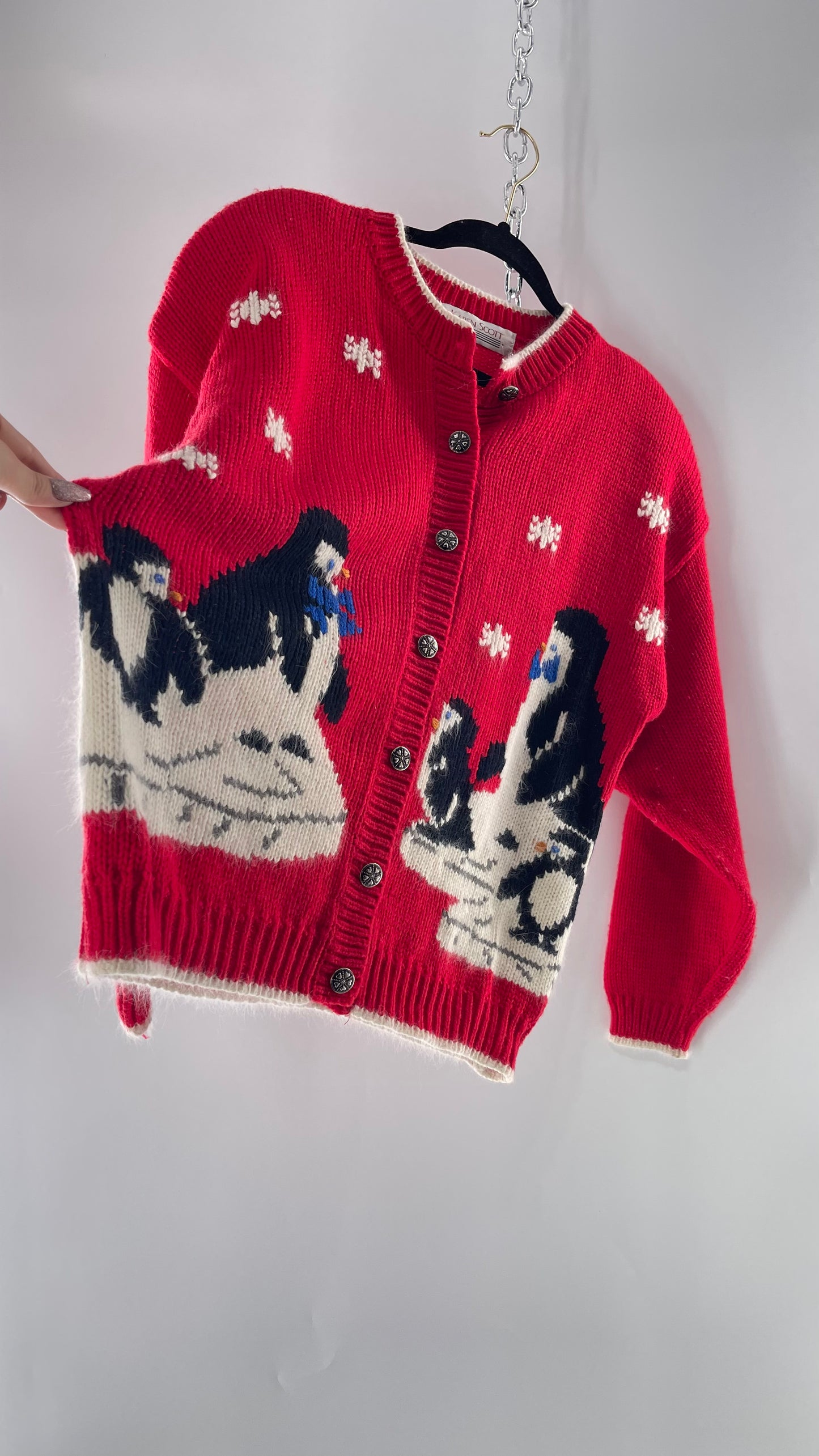Vintage Karen Scott Silver Button Front, Red Cardigan with Shoulder Padding and the Sweetest Festive Penguins in Bow Ties (Large)