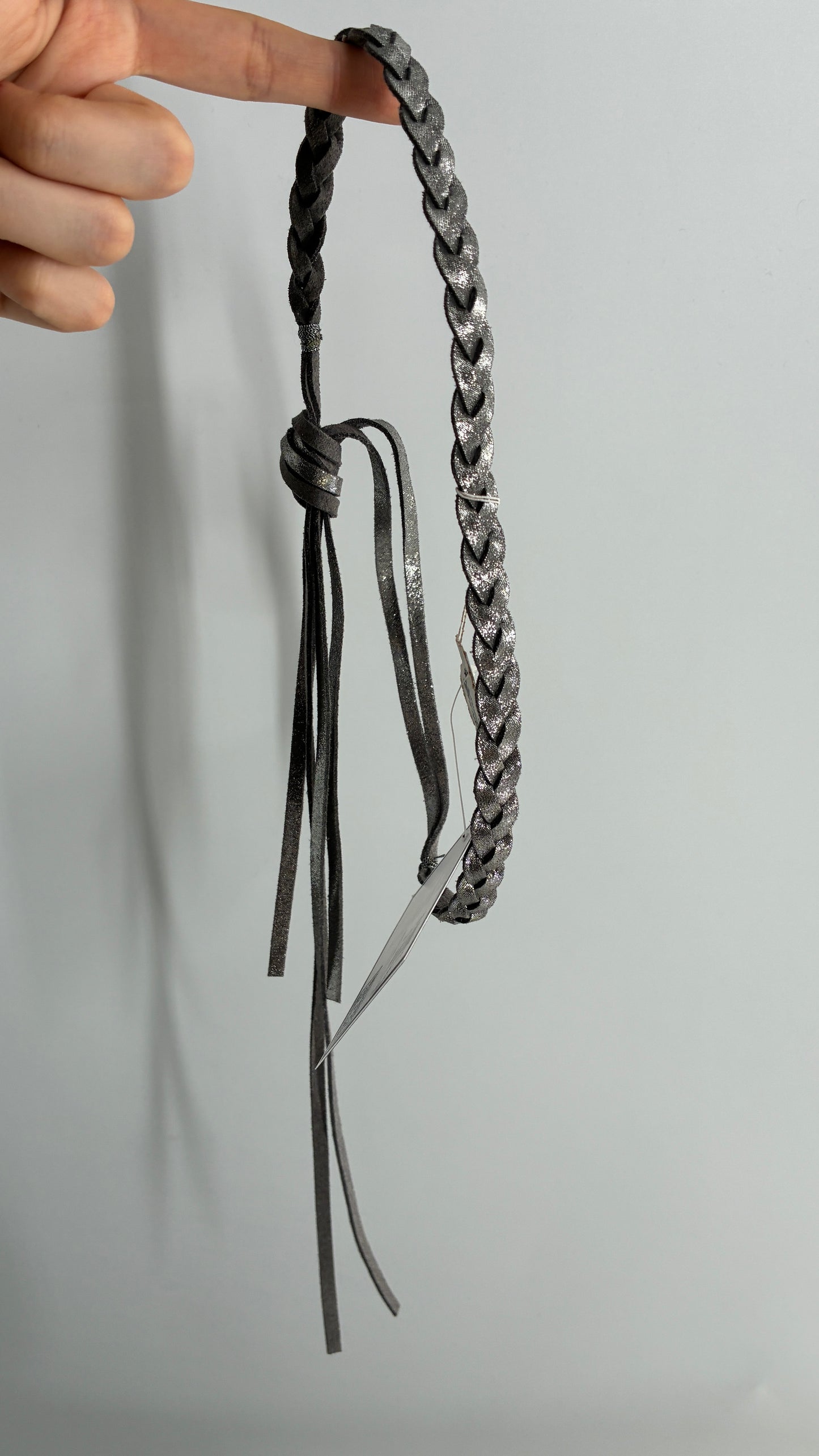 Metallic Silver Vegan Leather Braided Headband with Tags