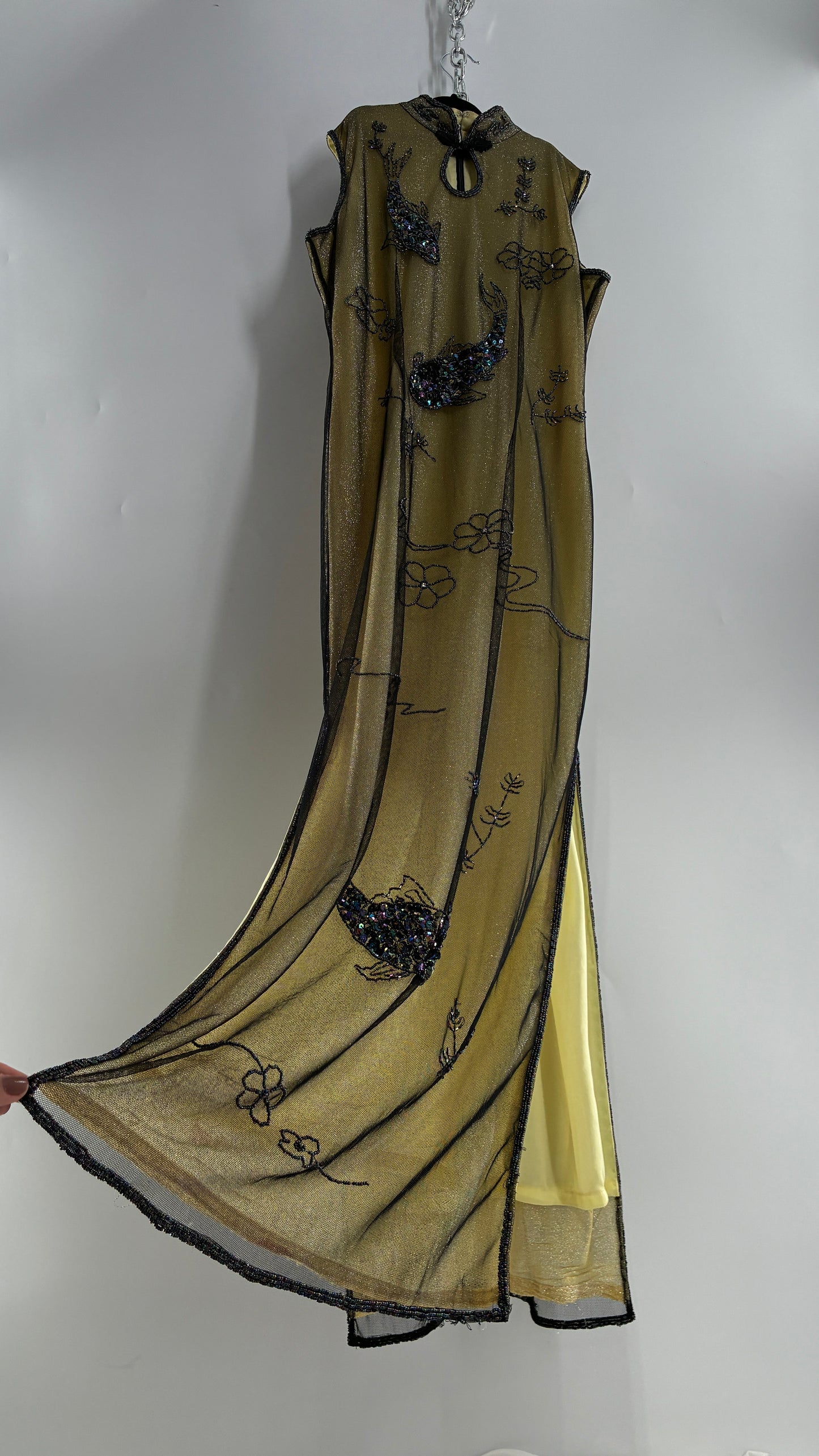 Vintage 1990s One of a Kind Handmade, Green Gown with Beaded Koi Fish, Metallic Tulle Overlay, and Symmetric Back (Medium)