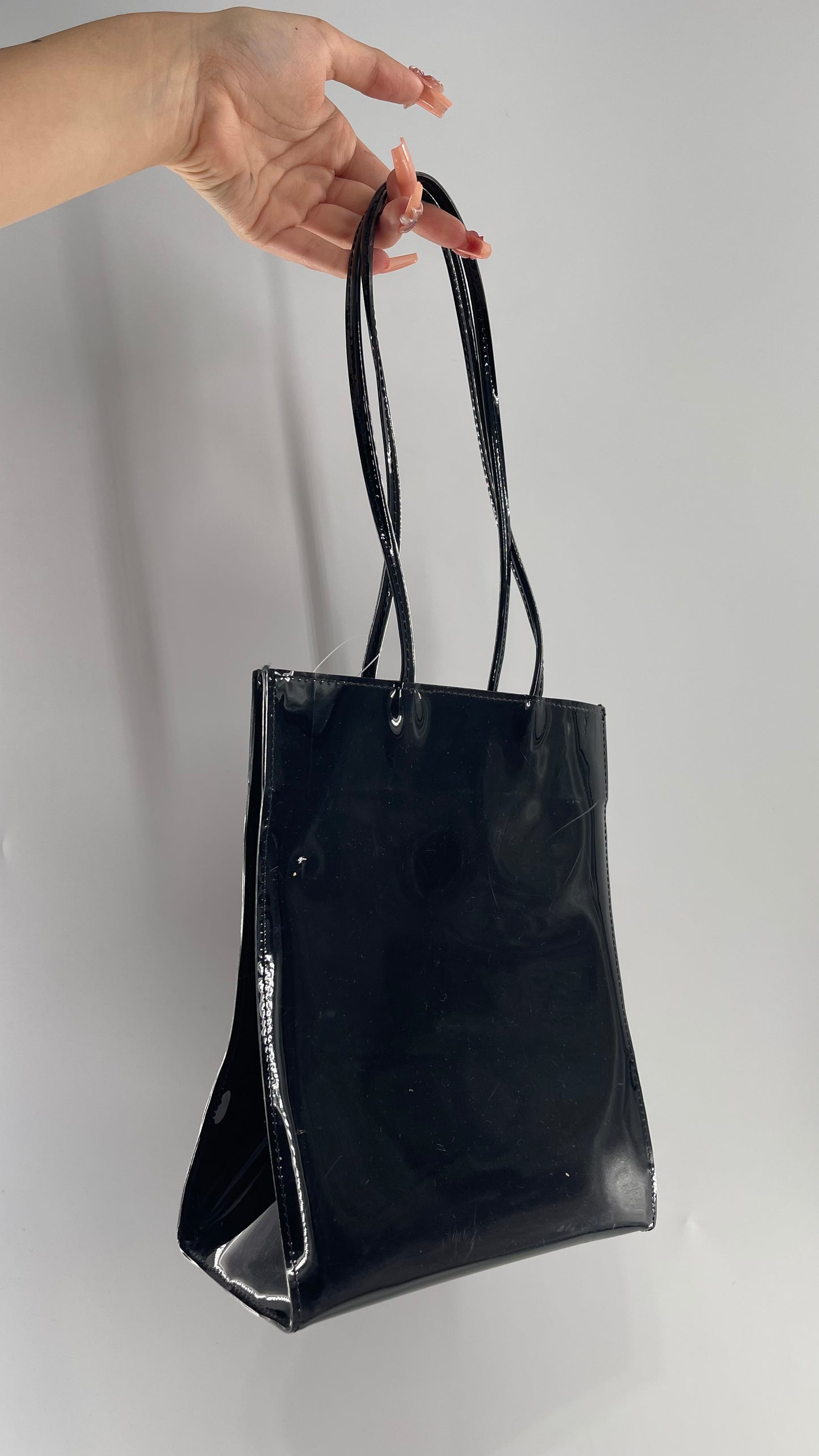 Deadstock Vintage Black Plastic Tote with Red Floral Heart