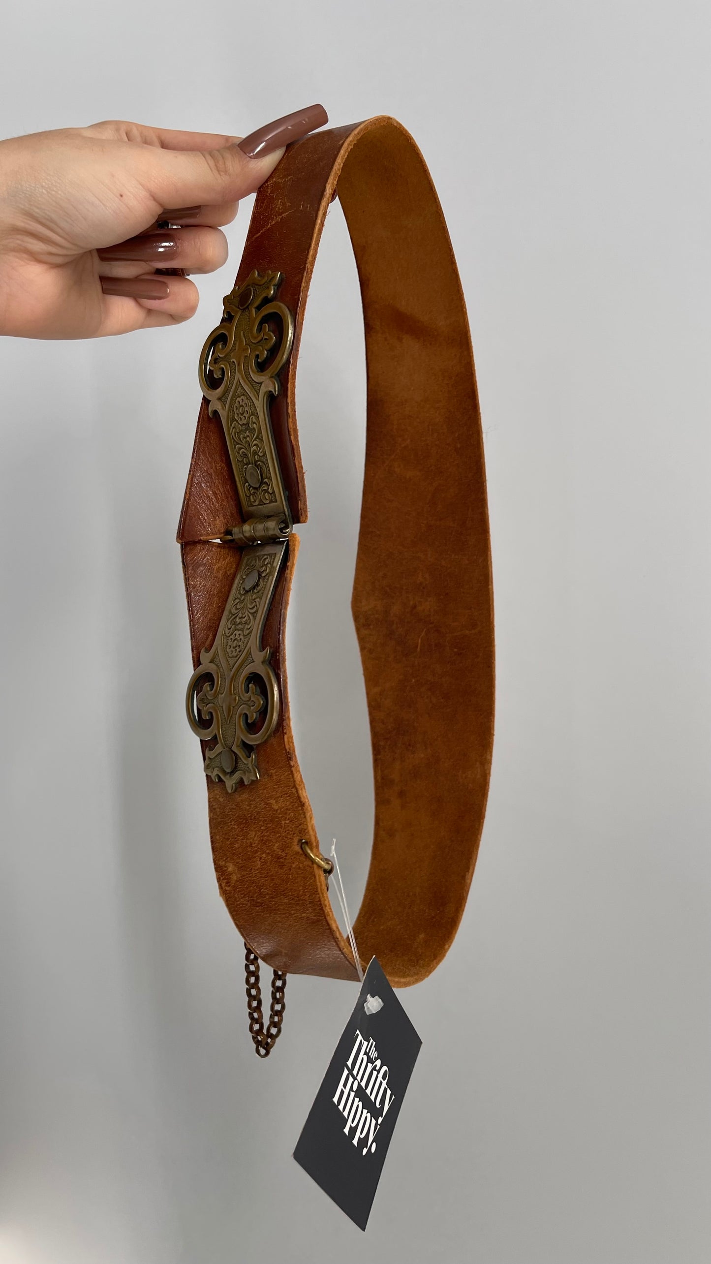 Vintage Antique Leather Waist Belt with Engraved Brass Brackets and Pin Closure (XS/S)