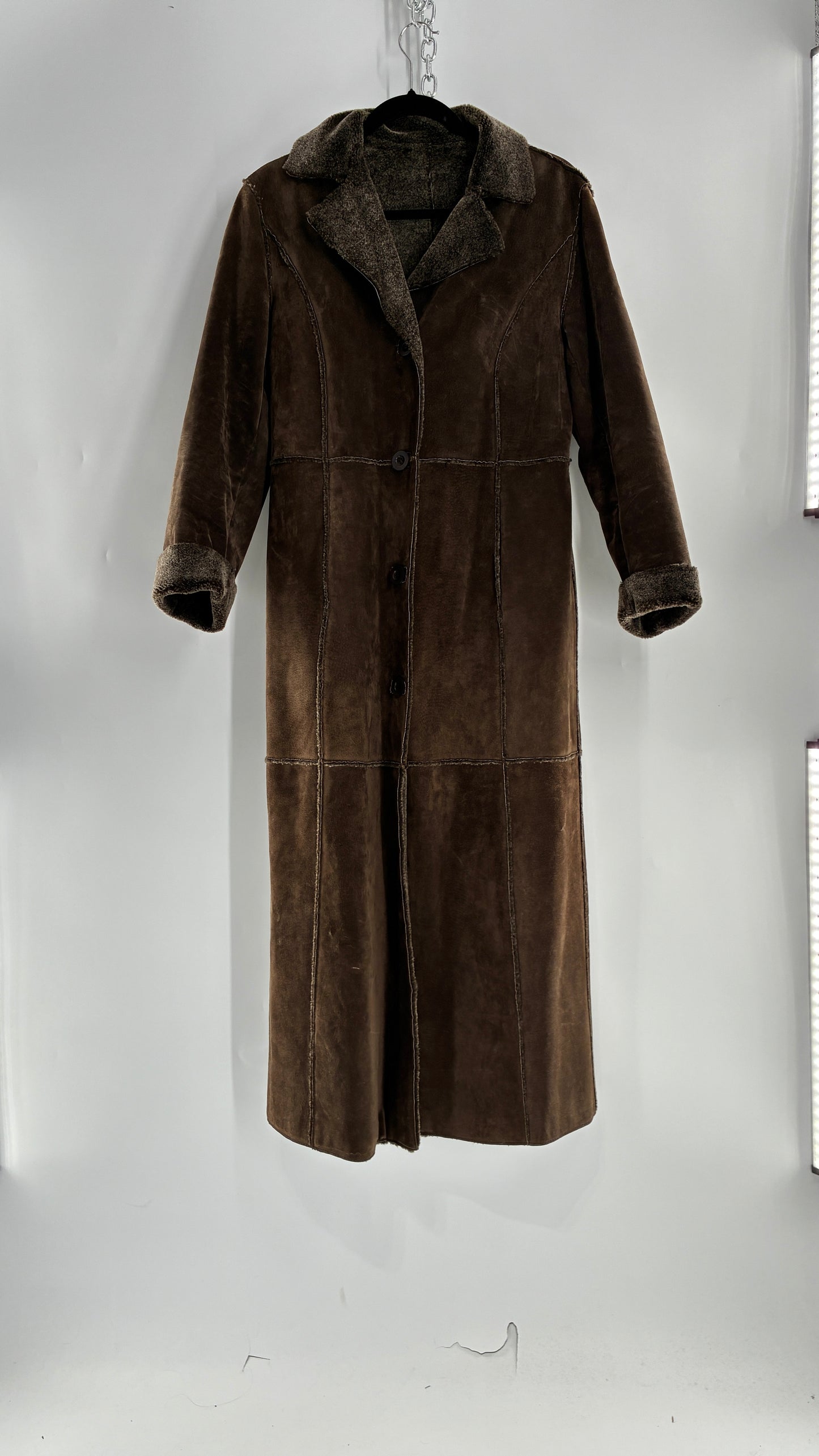 Vintage WINLIT Brown Full Length Paneled Suede Leather Coat (Small)