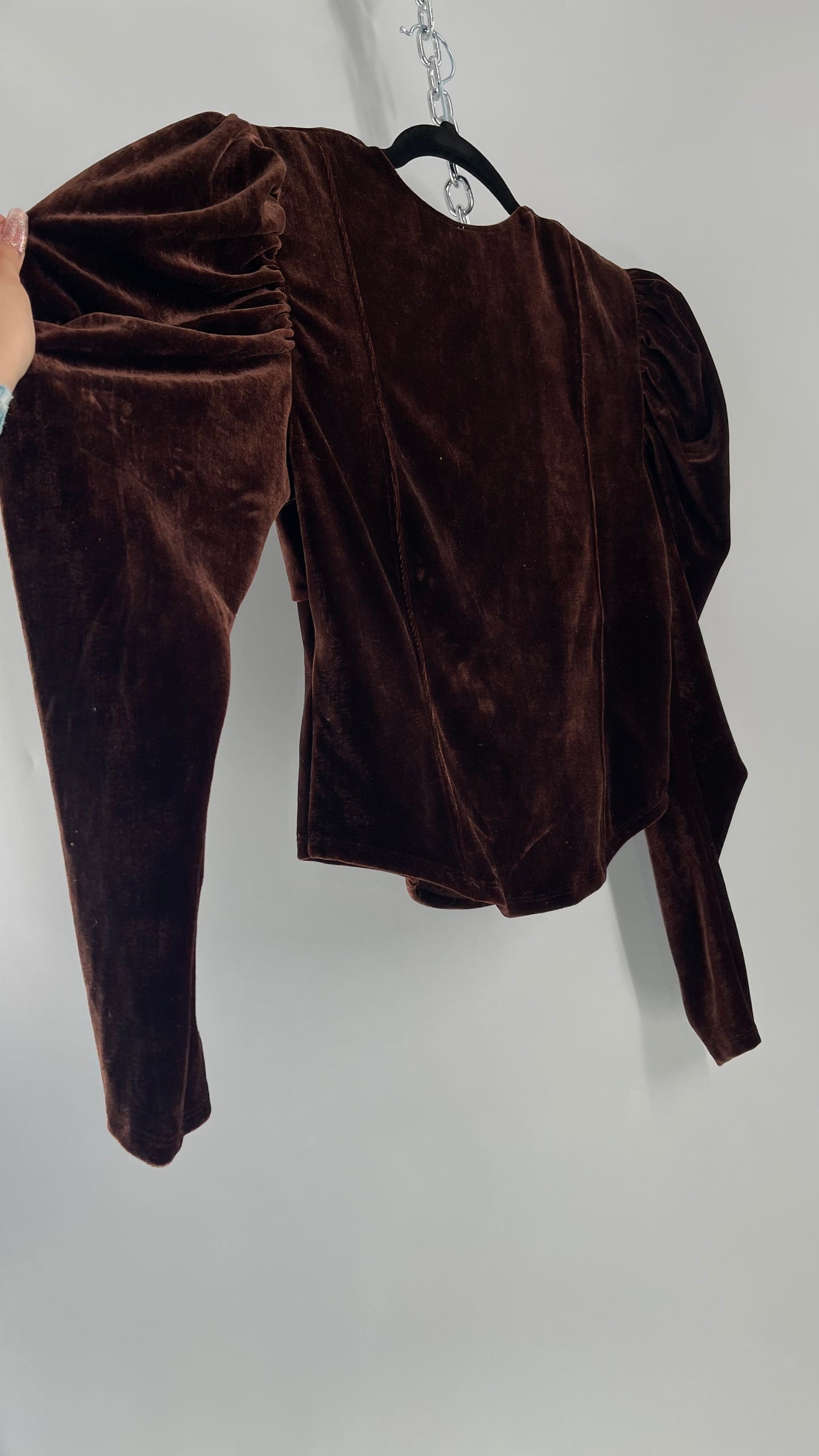 Free People Dark Brown Velvet Long Sleeve Cropped Blouse with Milkmaid Neckline and Renaissance Puff Shoulder (Large)