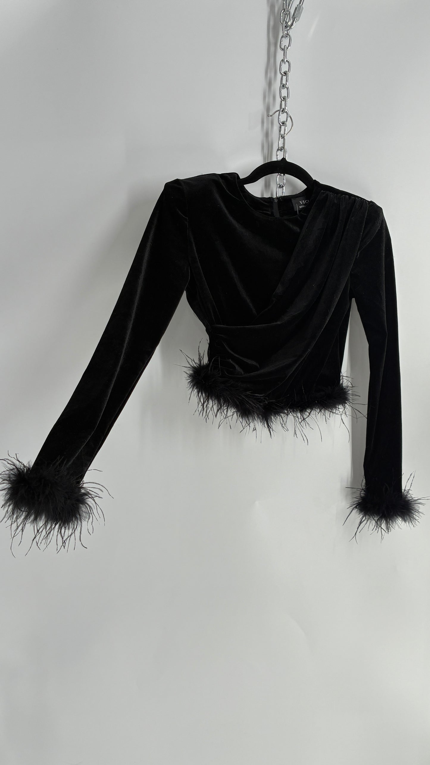 Vintage VICI Black Draped Long Sleeve with Ostrich Feather Hems and Cuff (XS)