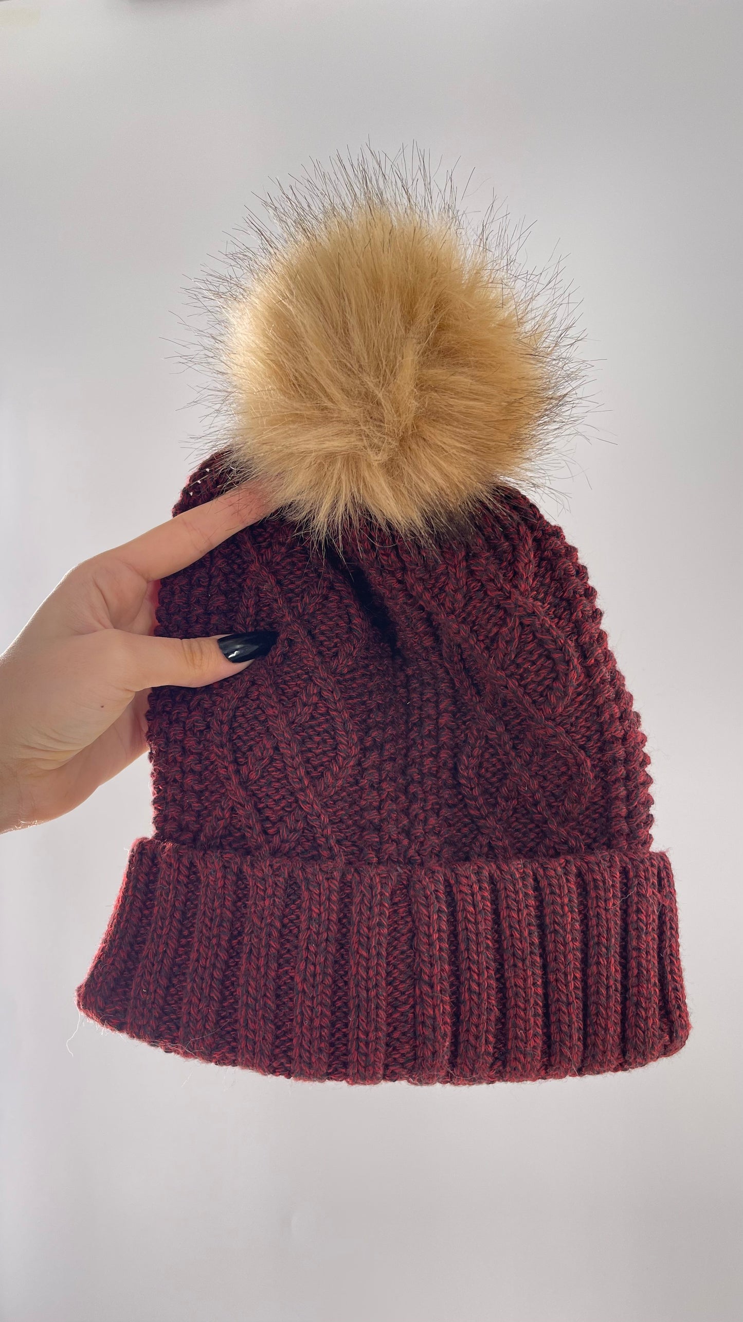 Urban Outfitters Burgundy Knit Beanie with Tan Faux Fur Pom