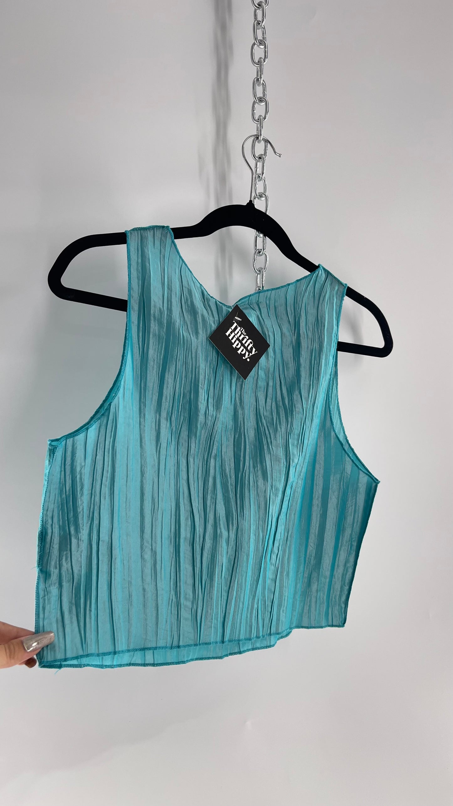 Urban Outfitters Renewal Aquamarine Crimped/Pleated Blue Shimmer Tank (M)