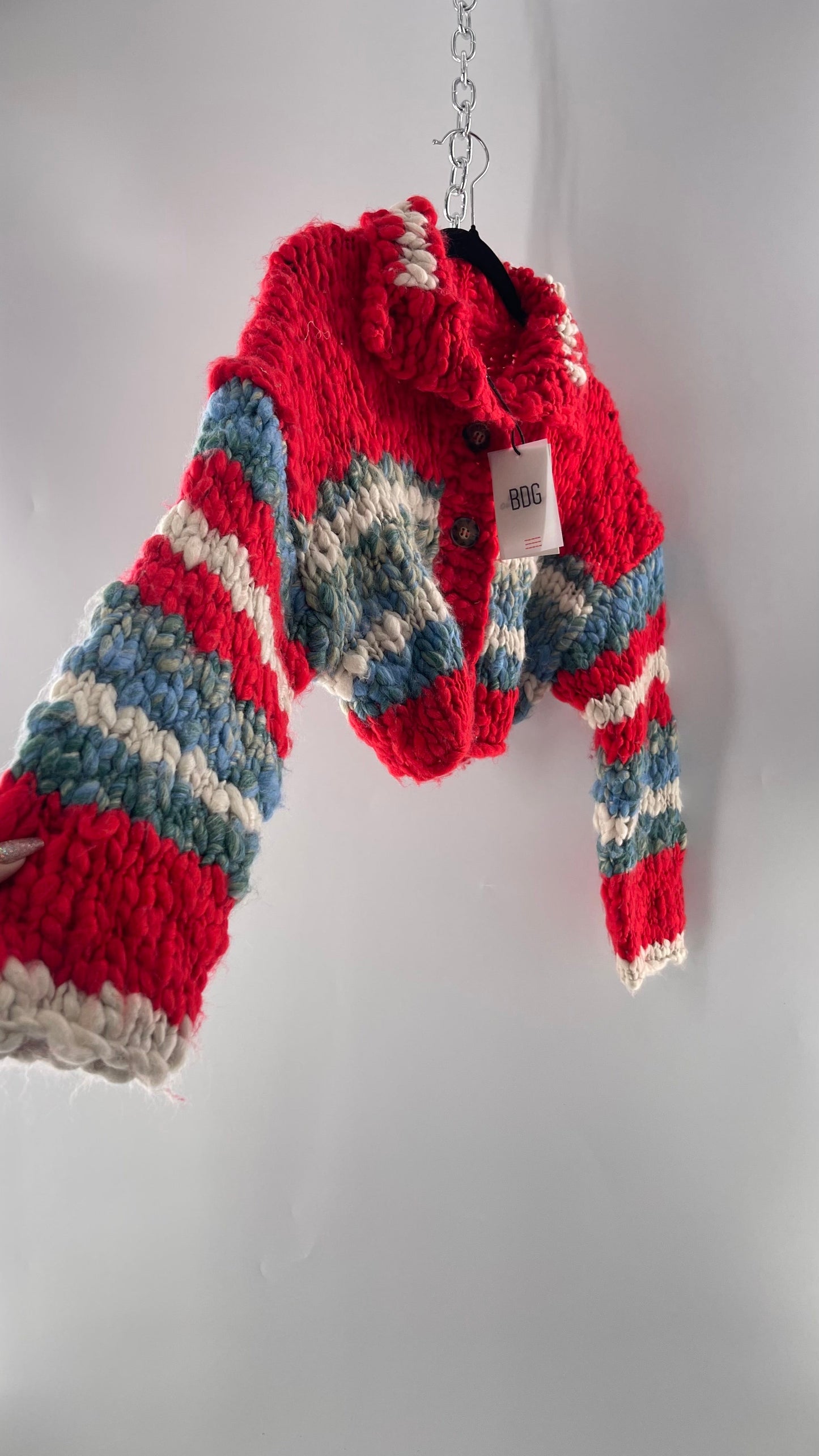 BDG Urban Outfitters Thick Knit Red White Blue Chunky Cropped Striped Cardigan (XS)
