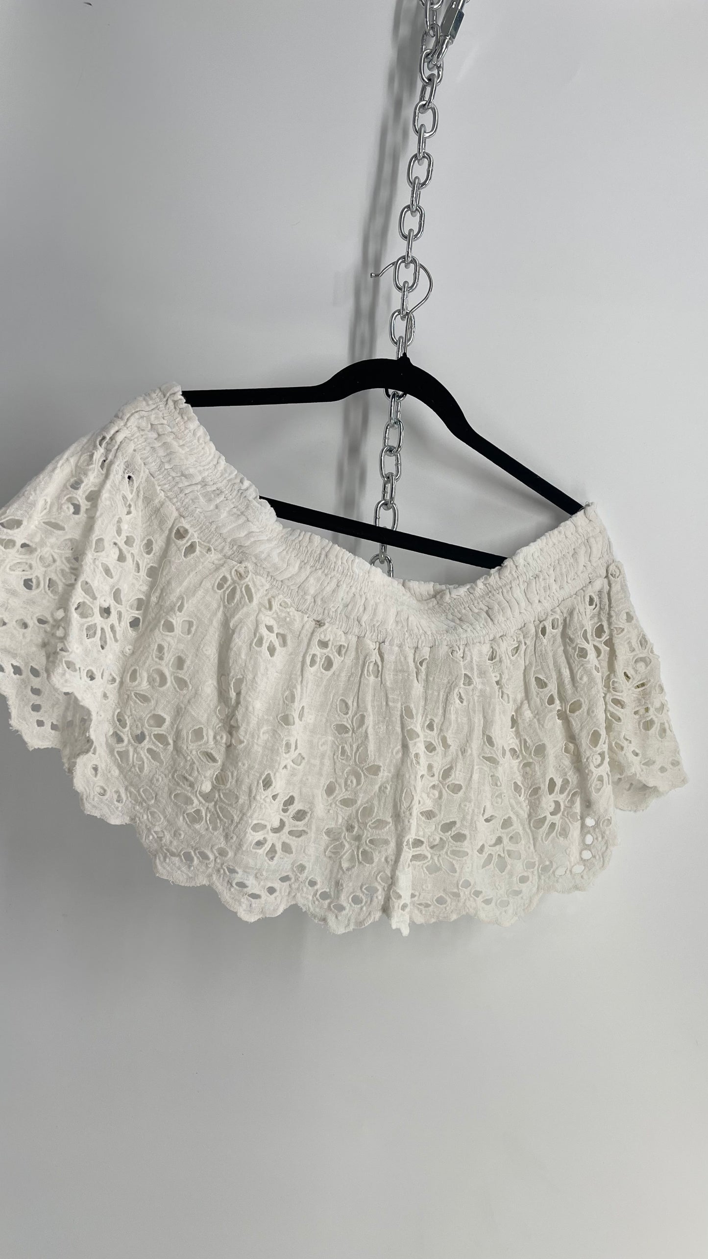 Free People Eyelet Cotton White Off the Shoulder Ruffle Bandeau (Medium)