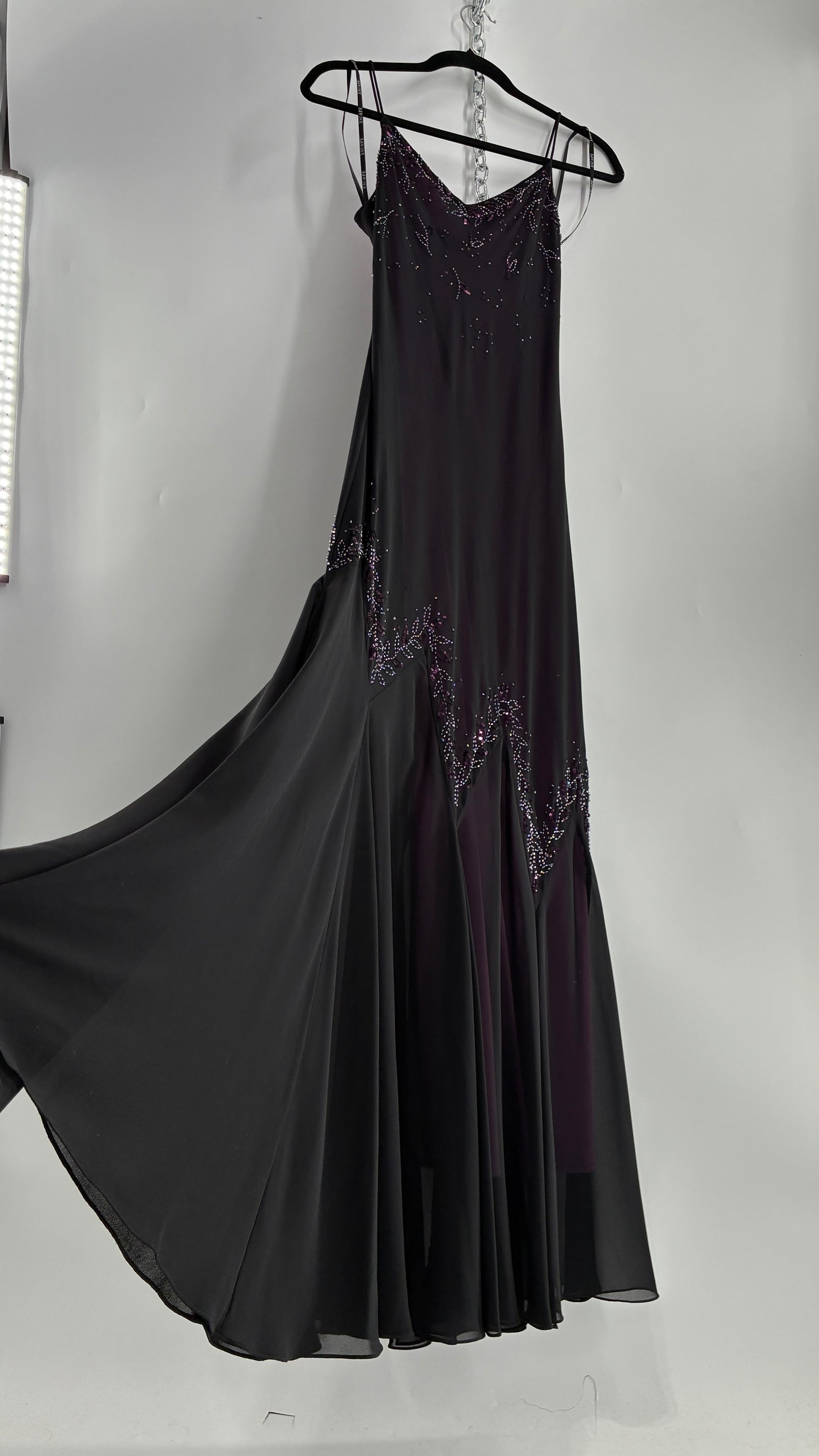 Vintage XSCAPE Full Length Black Beaded Gown with Purple Underlay (4)
