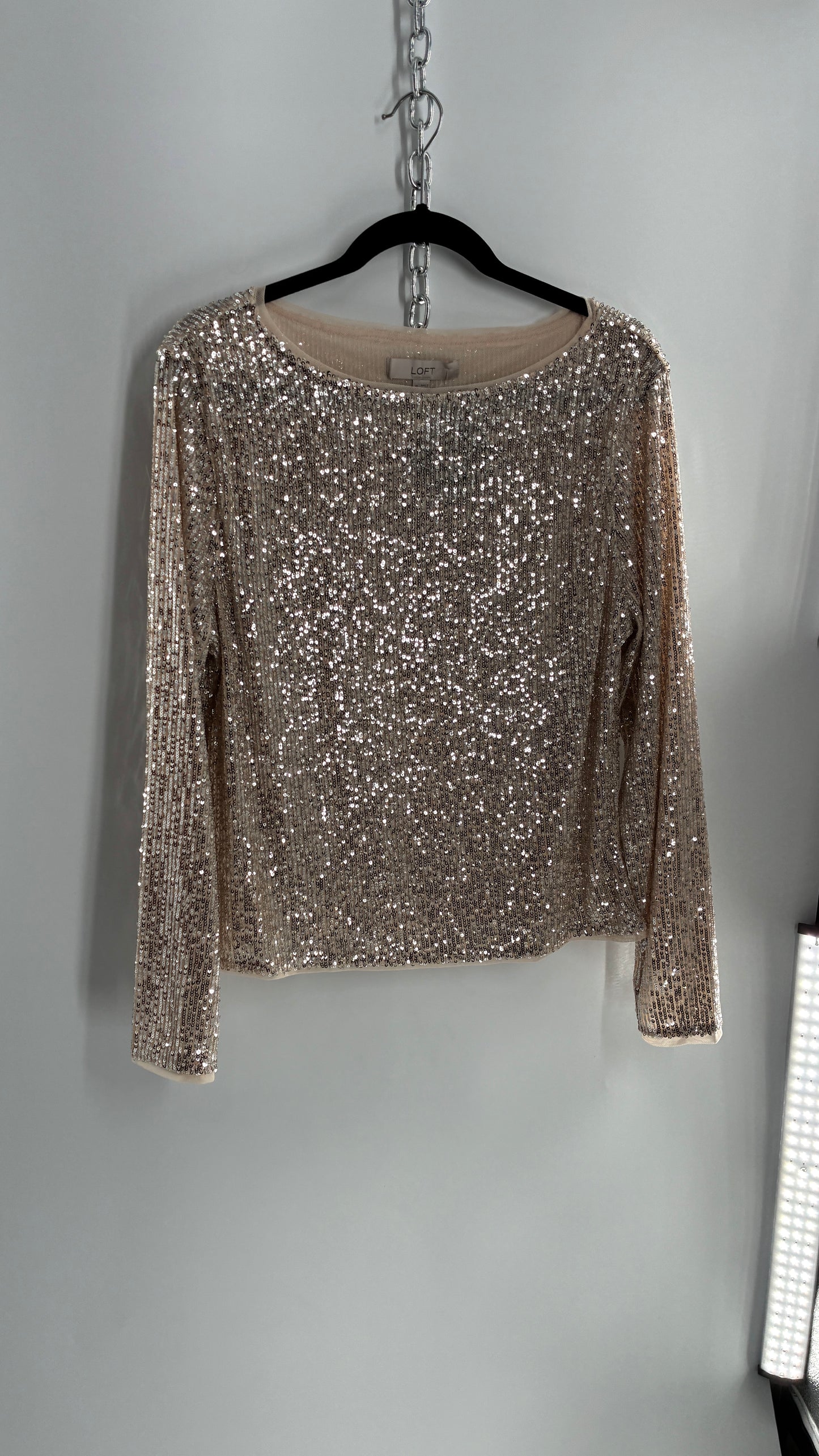 LOFT LOFT Champagne Sequin Long Sleeve Blouse with Tags Attached (XL)
