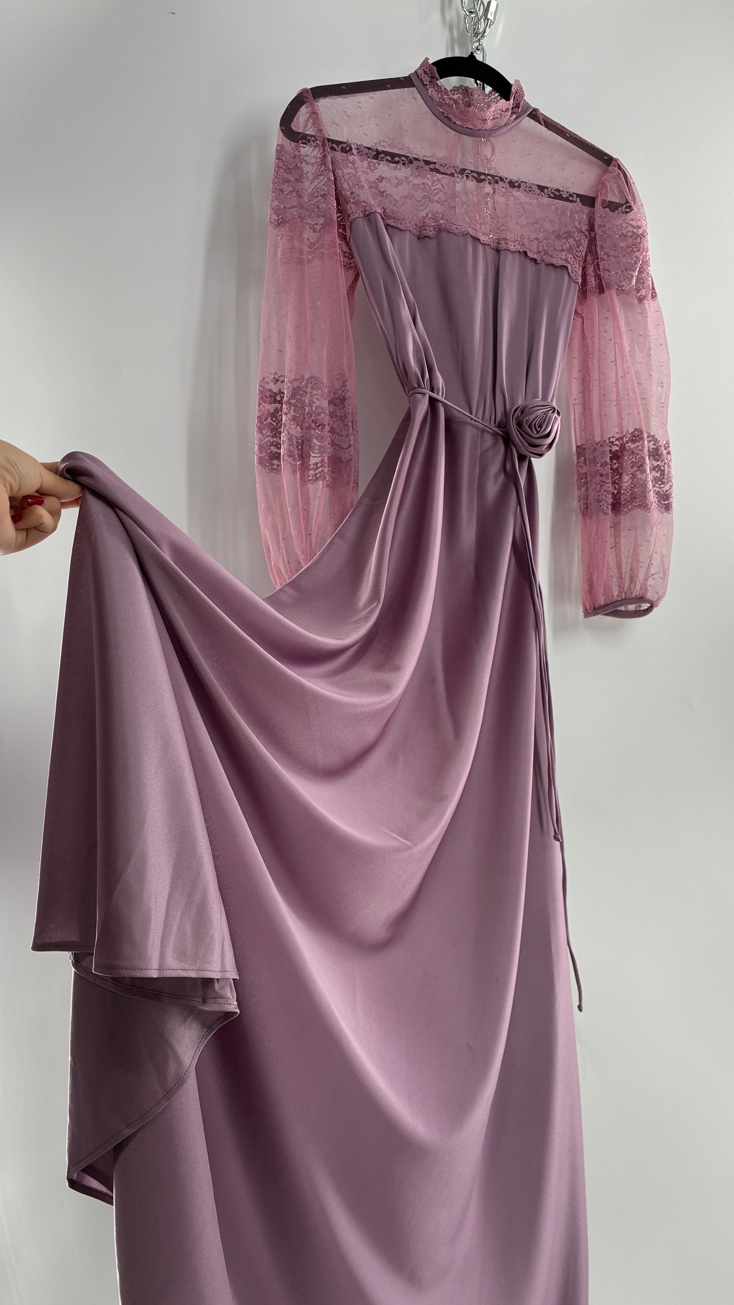 Vintage Handmade Dusty Purple Mauve Bubble Sleeve Maxi Dress (XS/S)