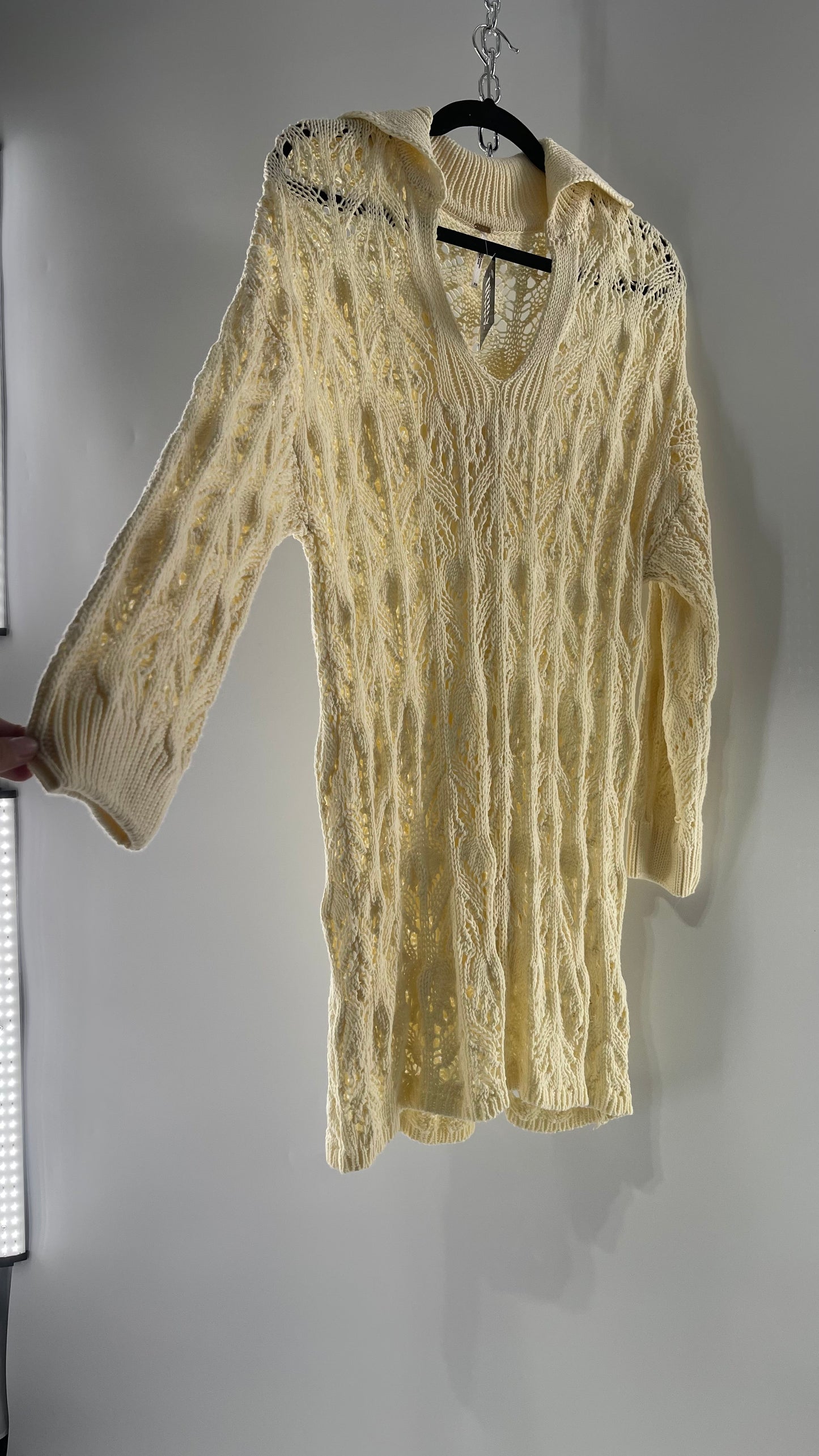 Free People Baby Yellow Comfy n Cozy Open Stitch Knit Sweater Dress (XS)
