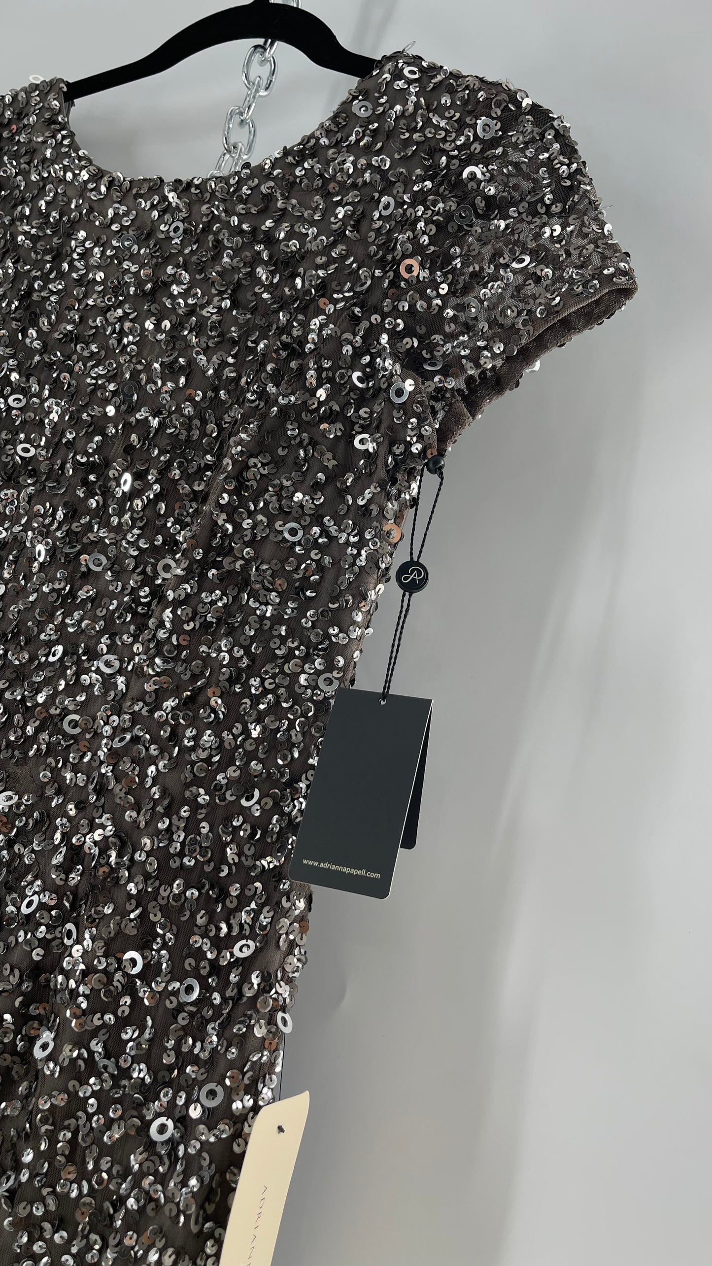 Adriana Papell Grey/Silver Short Sleeve Mini Dress Covered in Beads and Sequins (6)