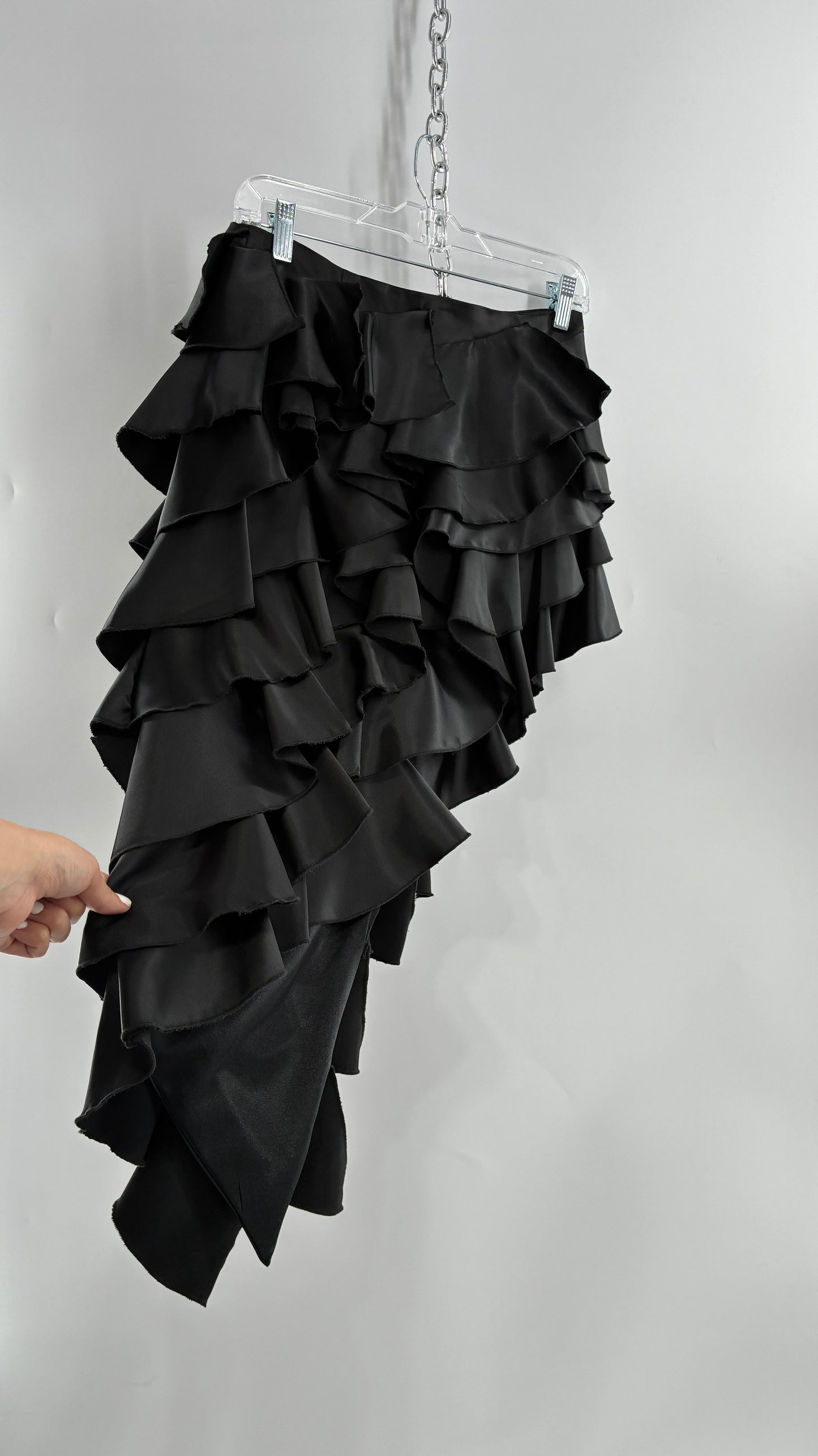 Deadstock Rare 1990s Vintage FRILLY LILLY Black Ruffled Asymmetric Skirt (8)