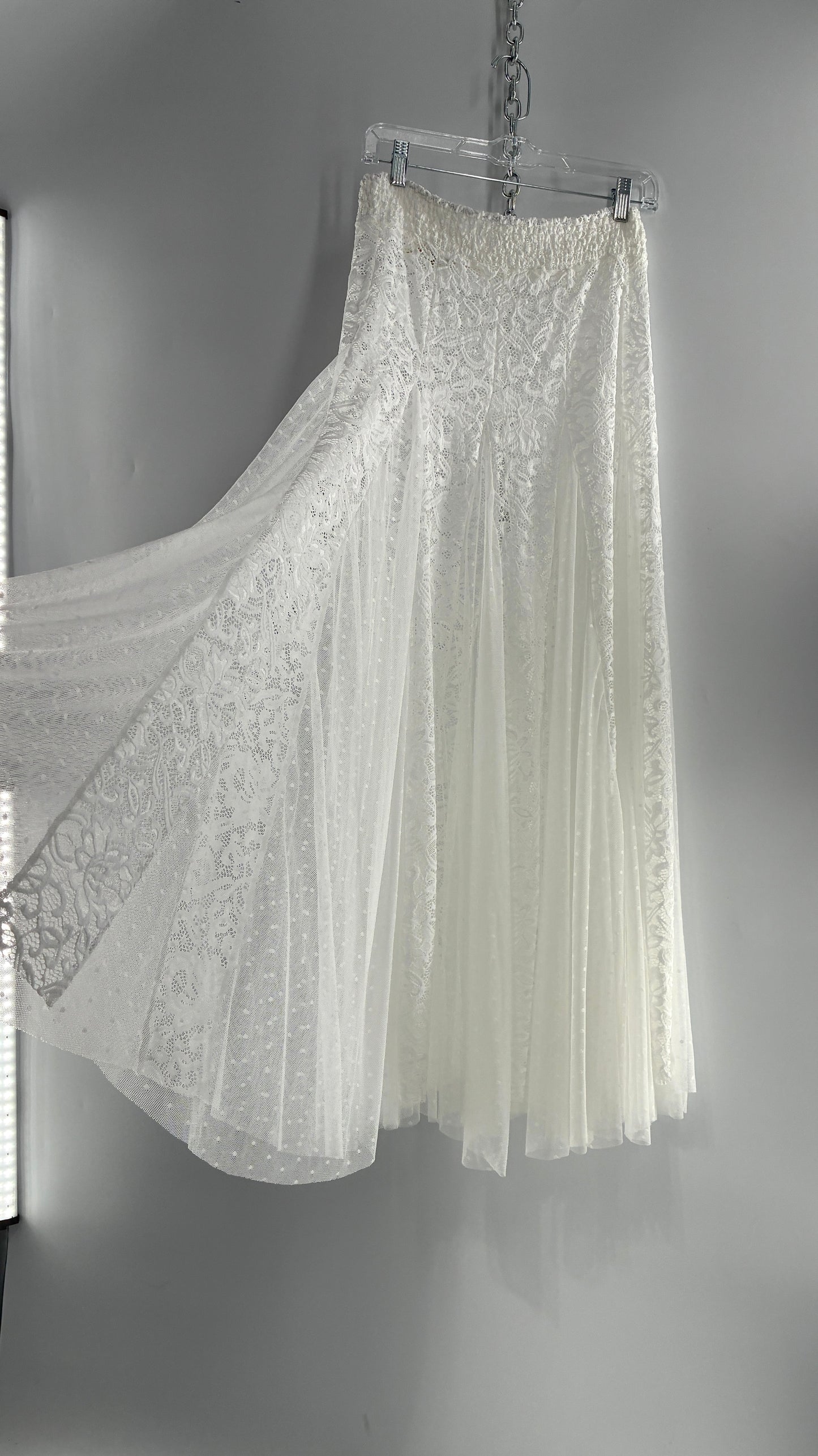 Intimately Free People White Lace and Polka Dot Mesh Voluminous Full Length Skirt (Medium)