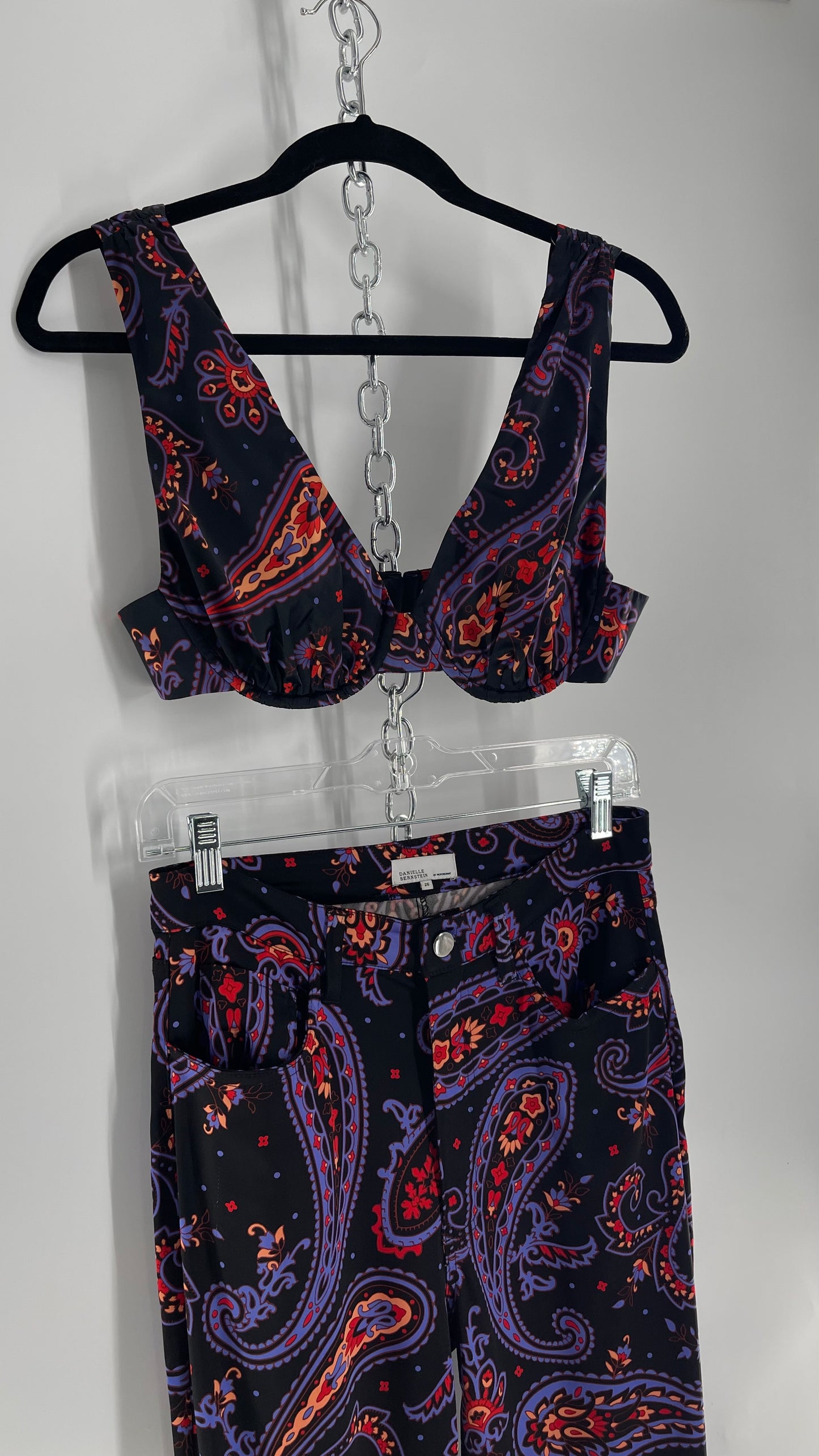 Danielle Bernstein Satin Paisley Underwire Festival Top and Kickflare 2pc Set (Small)