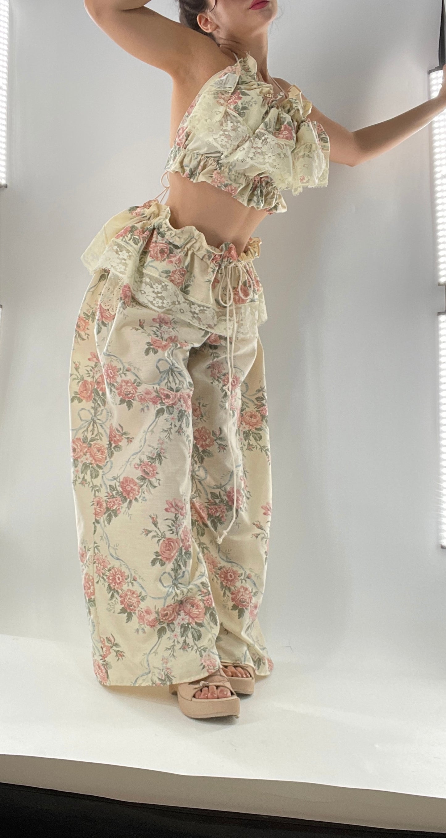 Vintage Set Covered in Delicate Dainty Florals, Bows and Lace (One Size, Adjustable)