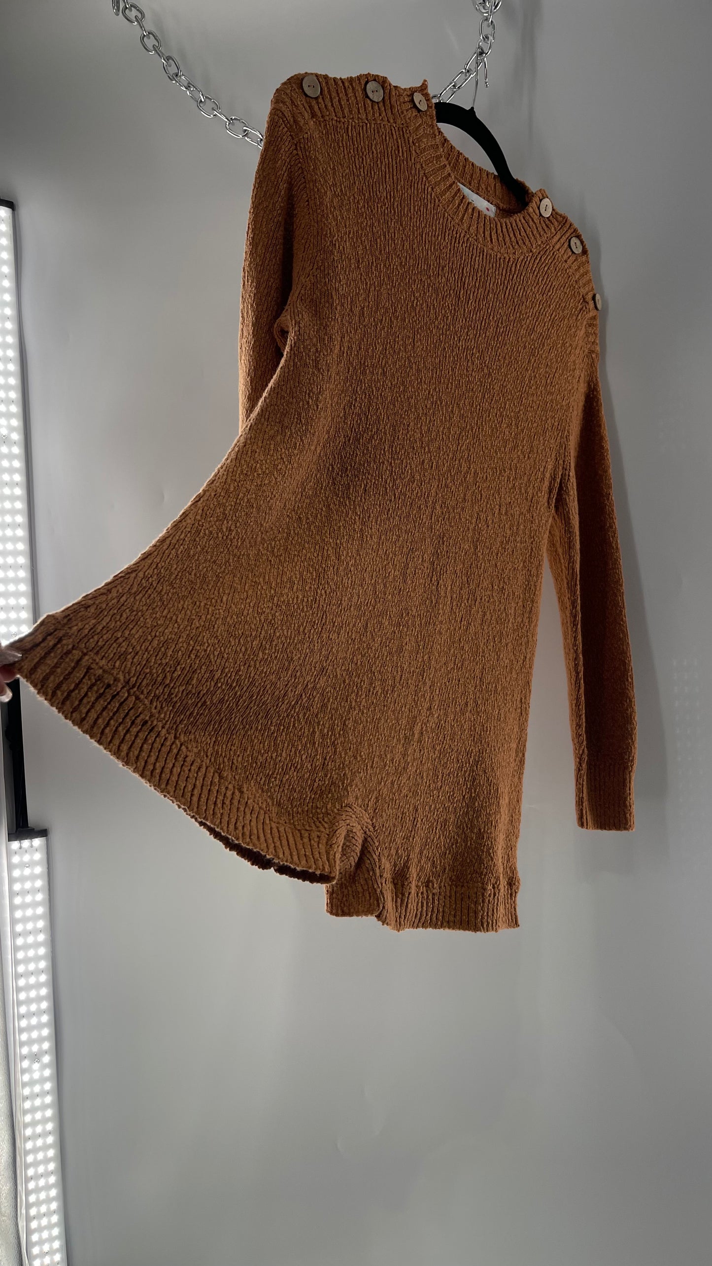 Free People Mustard/Tan Knit Button Shoulder Romper/Playsuit/Jumpsuit (XS)