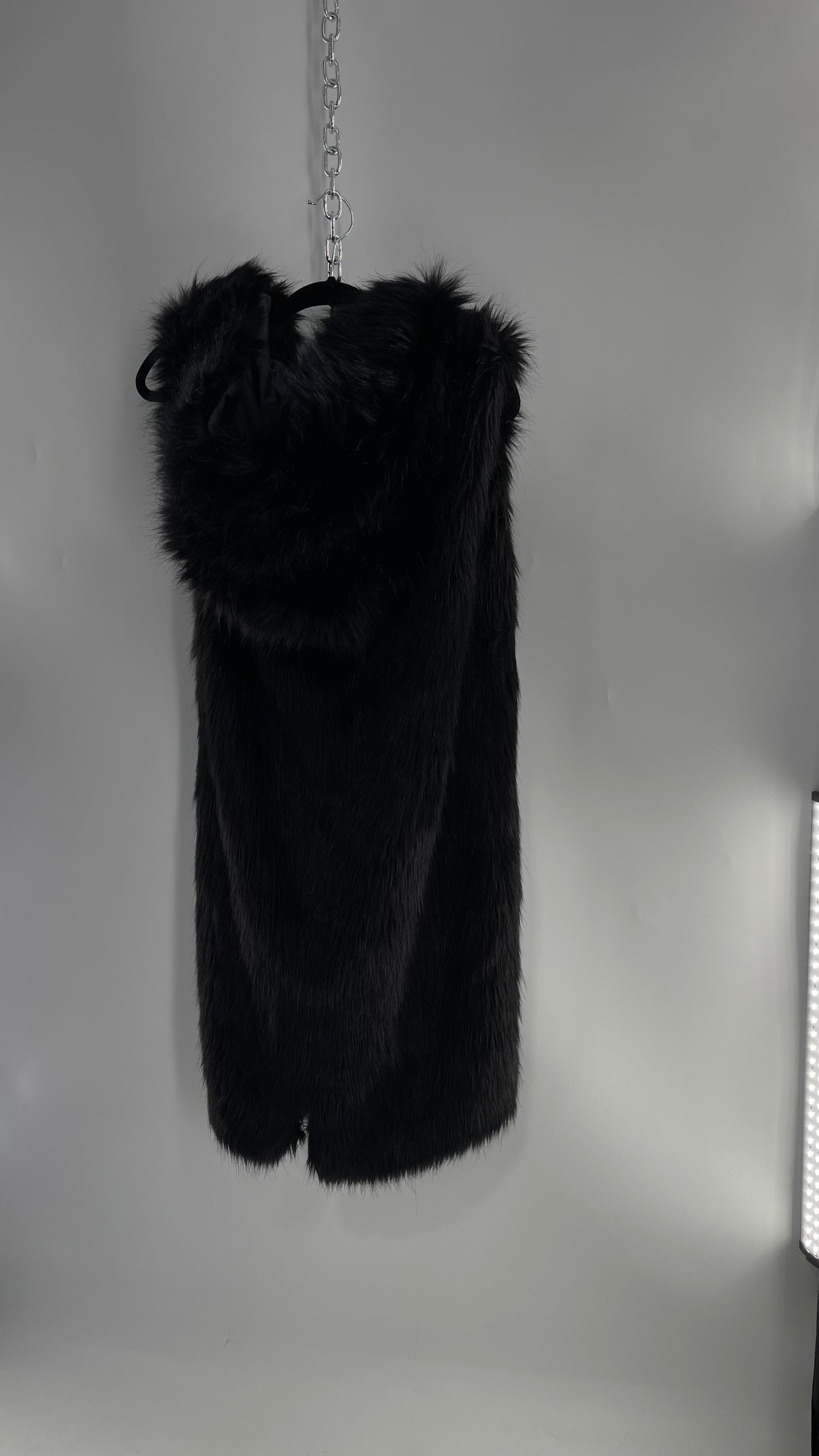 Full Length Black Fuzzy Sleeveless Vest with Oversized Hood (Medium)
