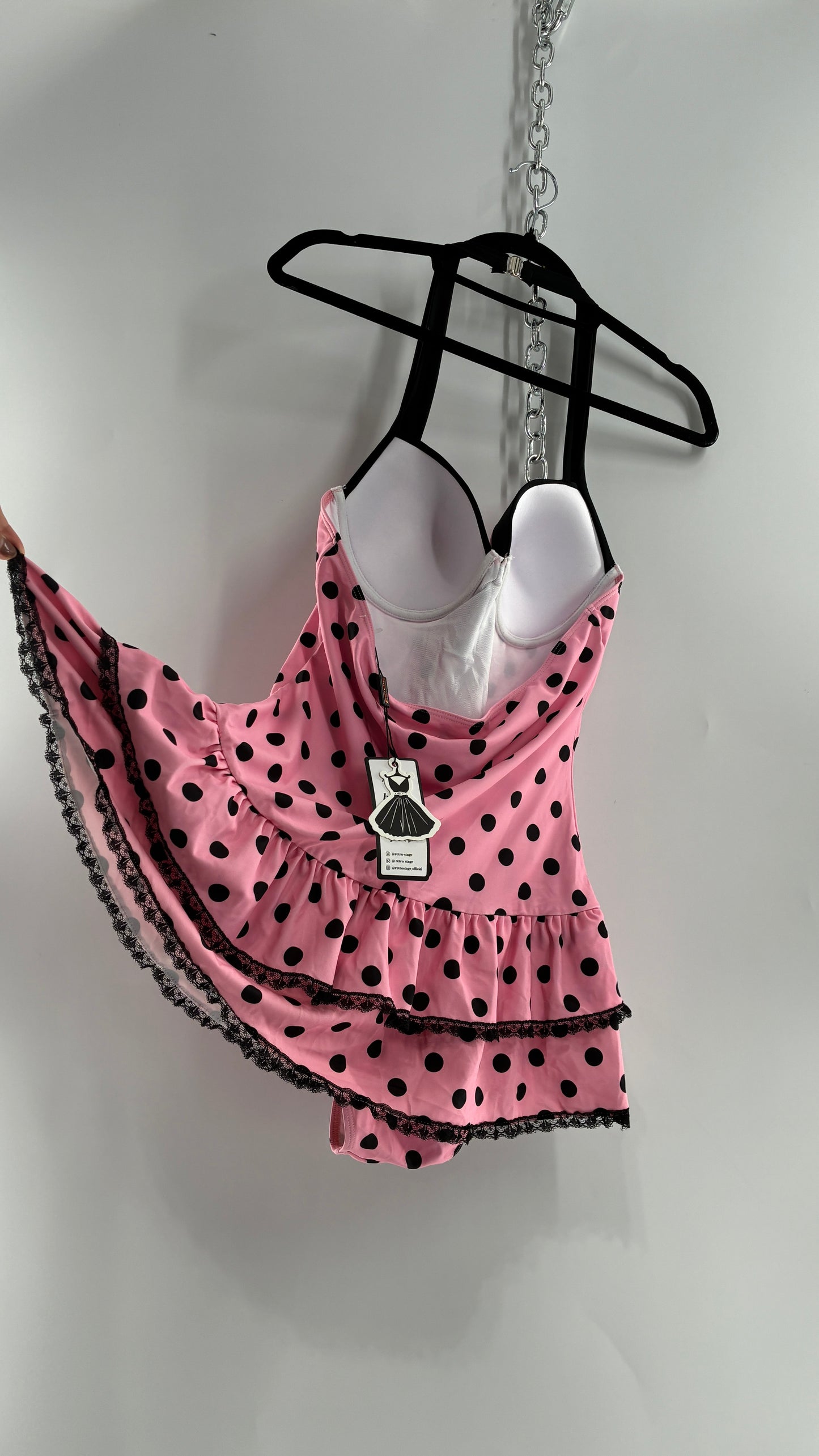Vintage Retro Style Pink Polka Dotted Swim Dress with Ruffled Skirt and Underwire Bust (XL)