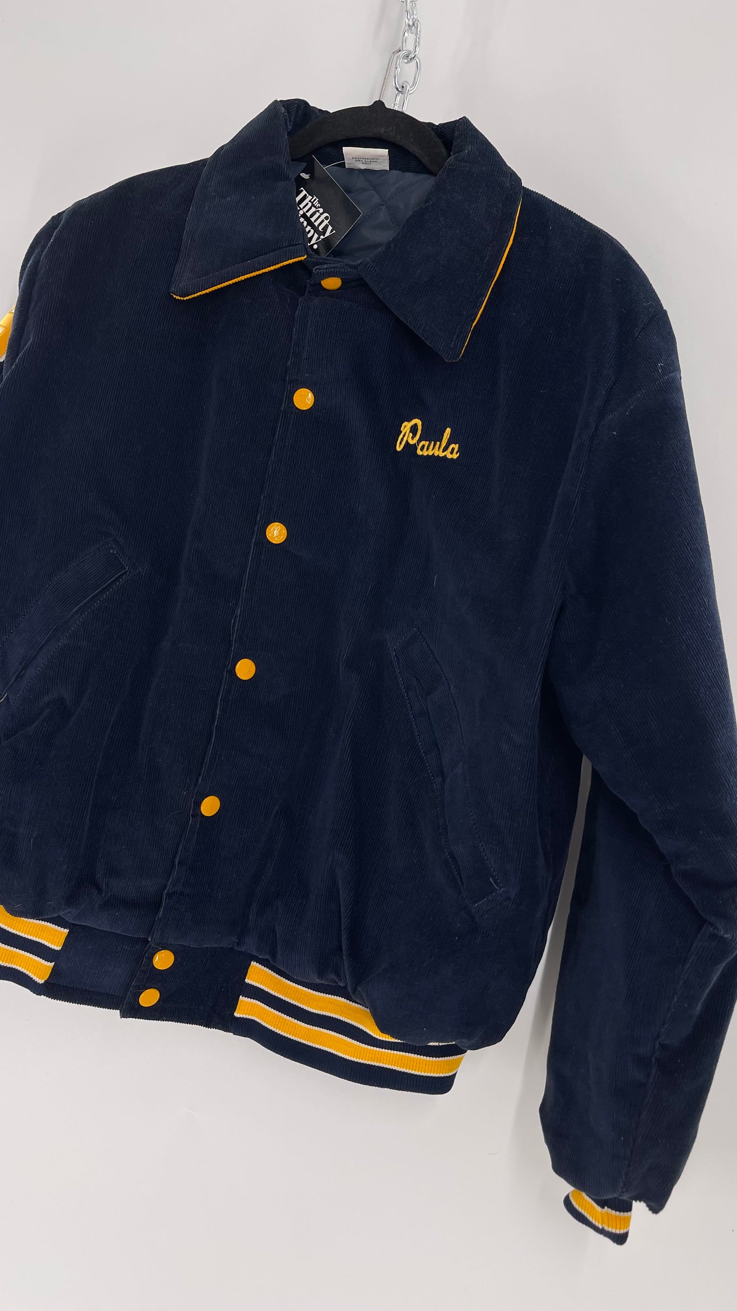 Birdie Vintage Phi Sigma Sigma Navy Blue Corduroy Varsity/Sorority Jacket with Contrast Yellow Patches and Embroidered “Paula” Monogram (Large)