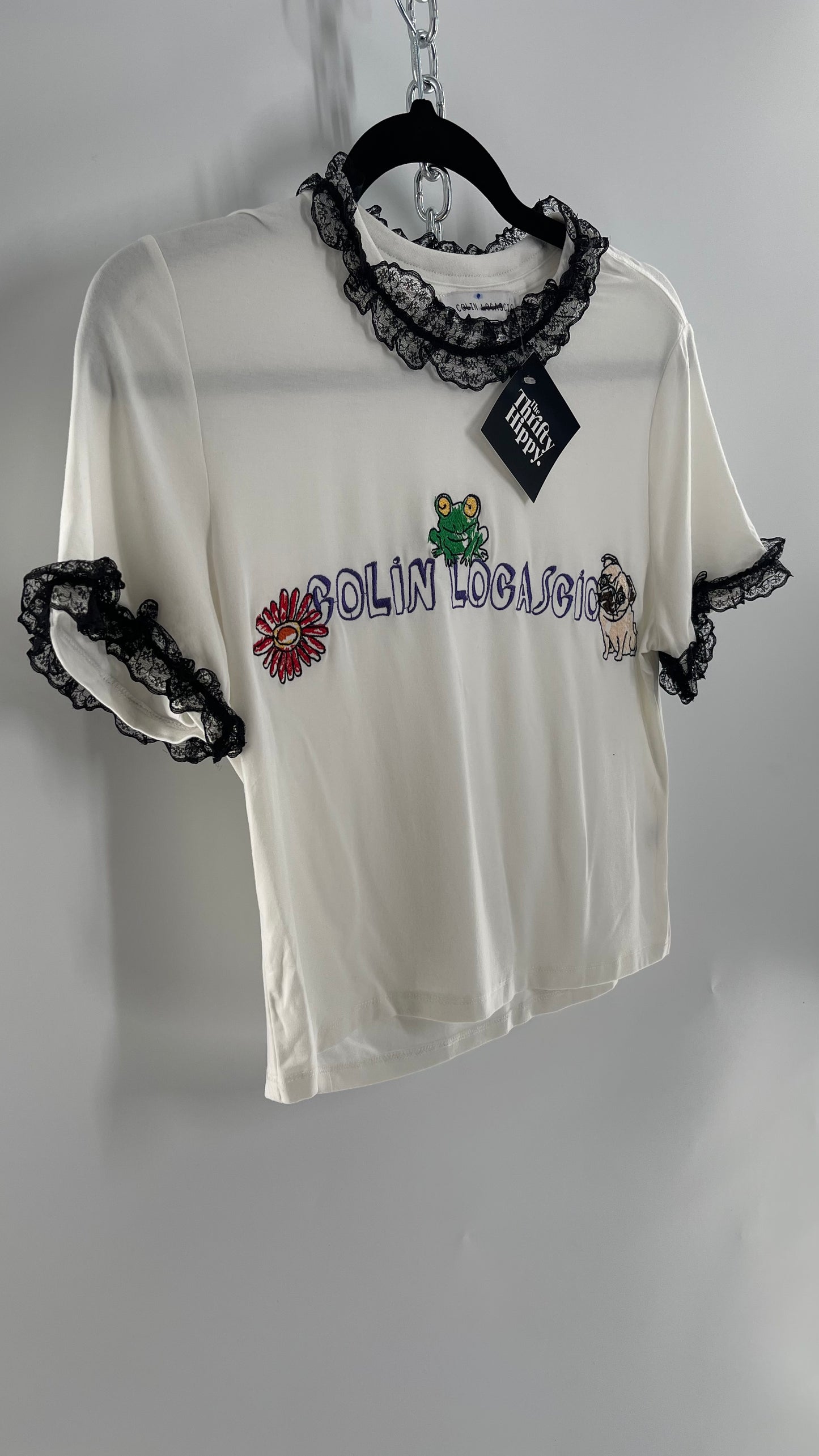 Colin Locascio Tannie T Shirt White Black Lace Ruffle Sleeves Frog Embroidery (Small)