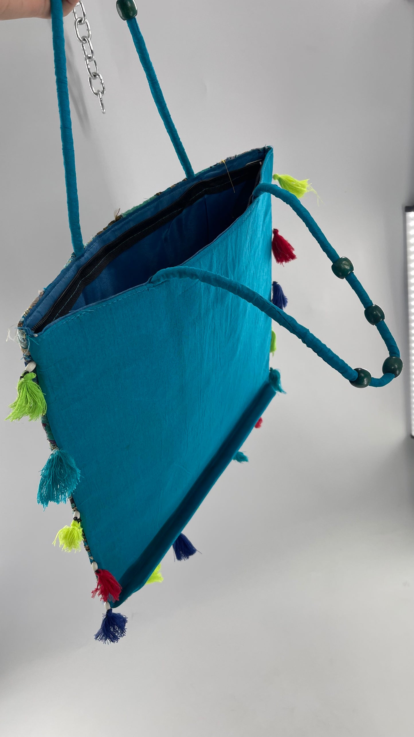 Imported Blue Patchwork Tote from Brazil with Tassel Detailing