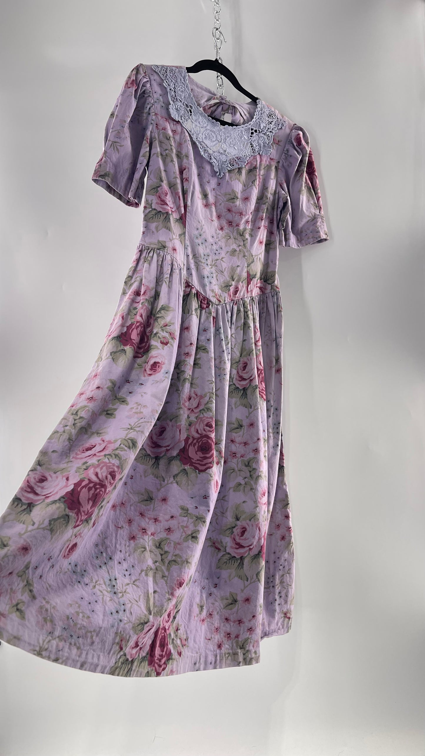 Vintage Urban Renewal Reworked and Upcycled Misty Lane Lilac/Lavender Floral Fit/Flare Dress with Sweetheart Neckline, Lace Detail and Bow Adorned Open Back (11/12)