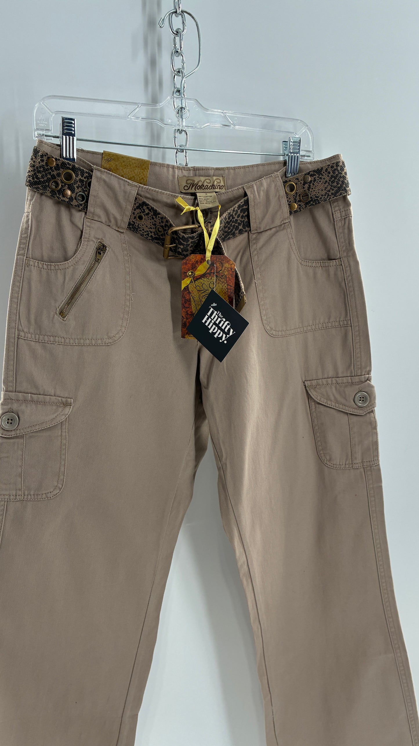 Deadstock Vintage MOKACHINO Tan Low Rise Cargos with Grommet Belt and Zipper Details (4,10)