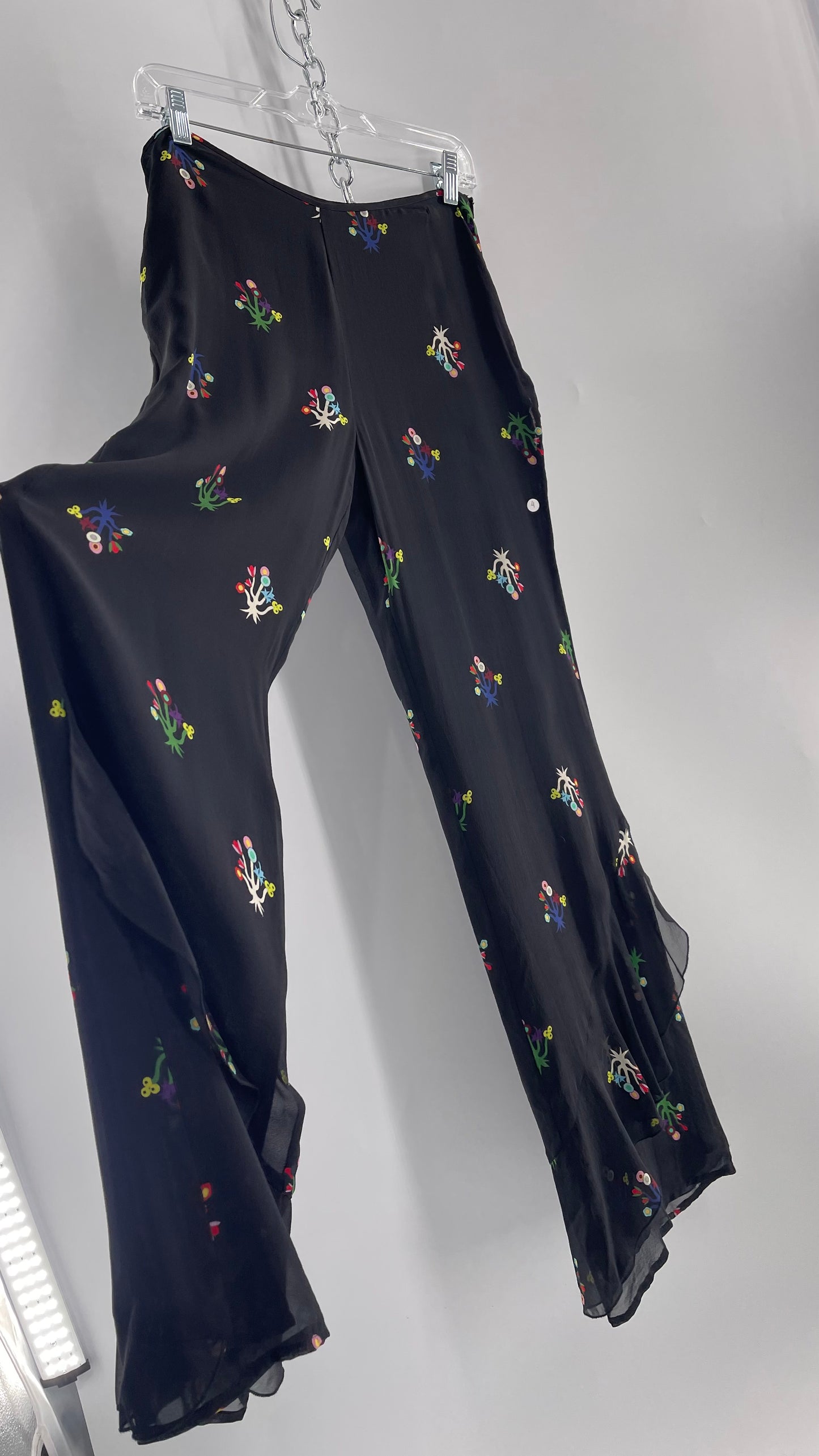 Cynthia Rowley Black Flared Pants with Colorful Abstract Florals, Dual Lining and Ruffle Trim (4)