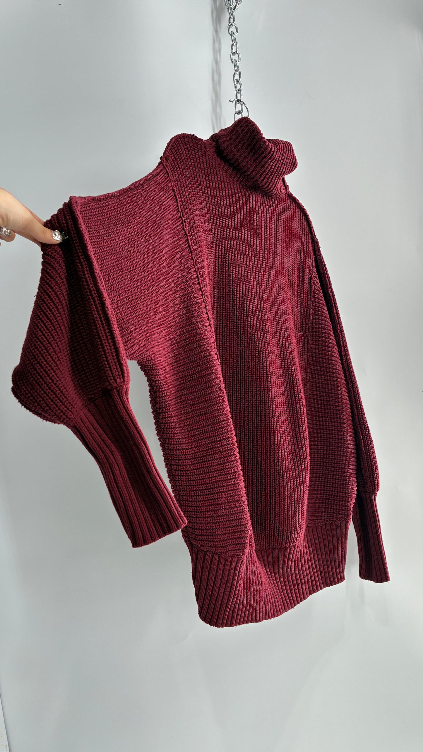 Free People Oversized Heavy Thick Knit Maroon Turtle Neck Sweater (Large)