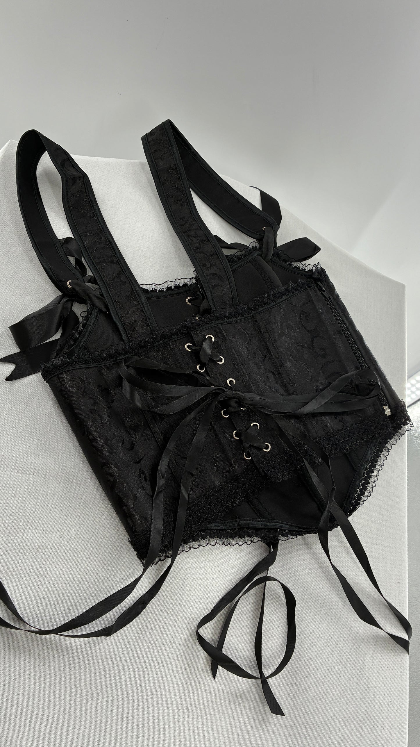 Custom Black Jacquard Corset, Handmade with Heart Appliqué, Bows, Embroidery, Gemstones, Lace and Ruffles (S/M)